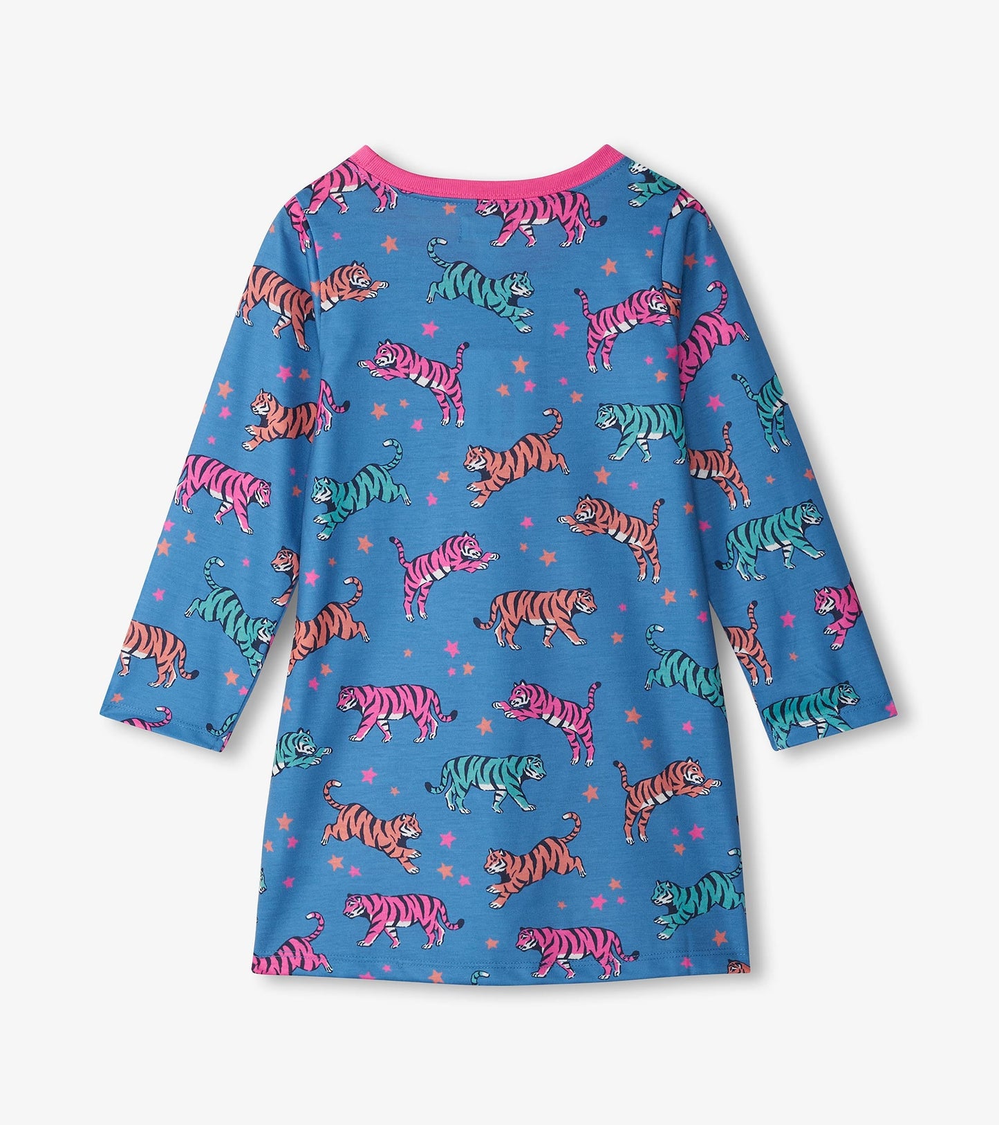 Blue long-sleeve nightgown featuring colorful celestial tigers and stars, with a pink neckline.