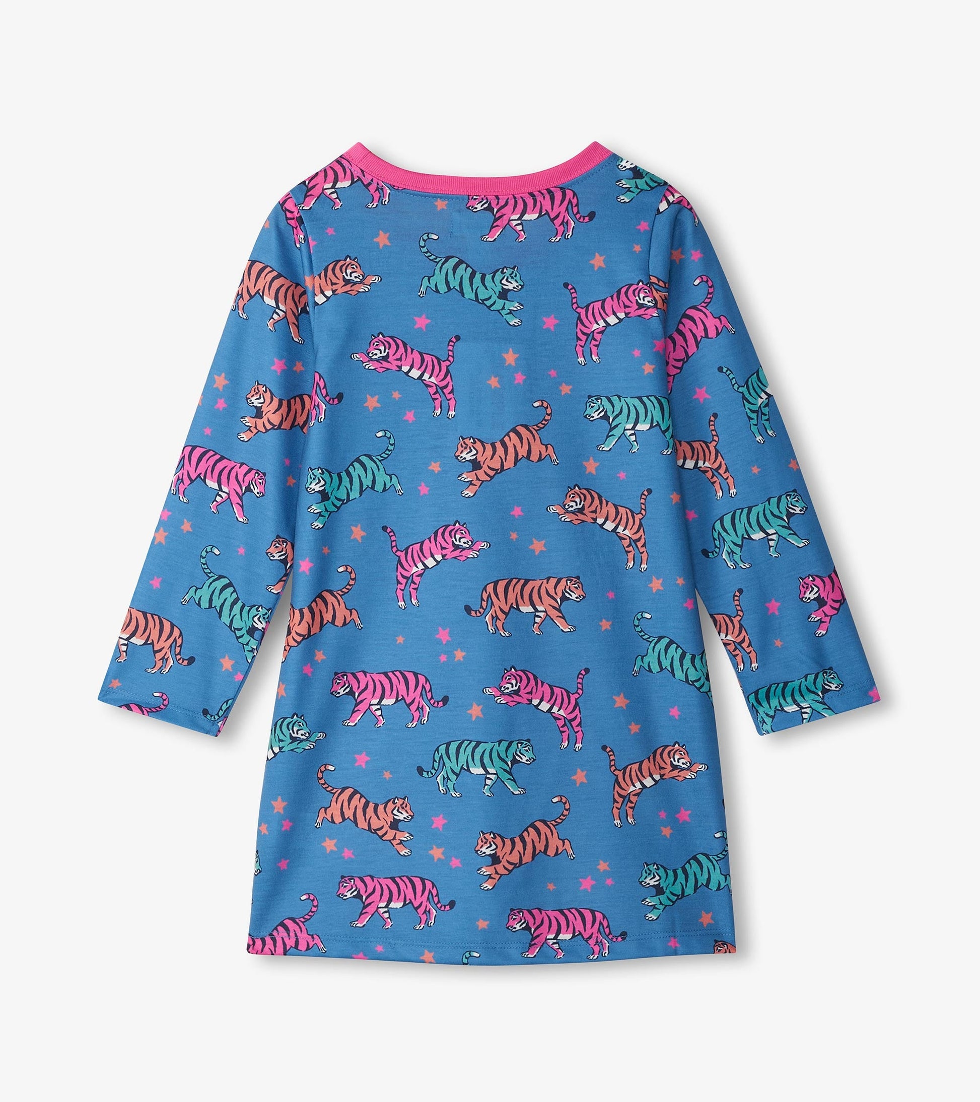 Blue long-sleeve nightgown featuring colorful celestial tigers and stars, with a pink neckline.