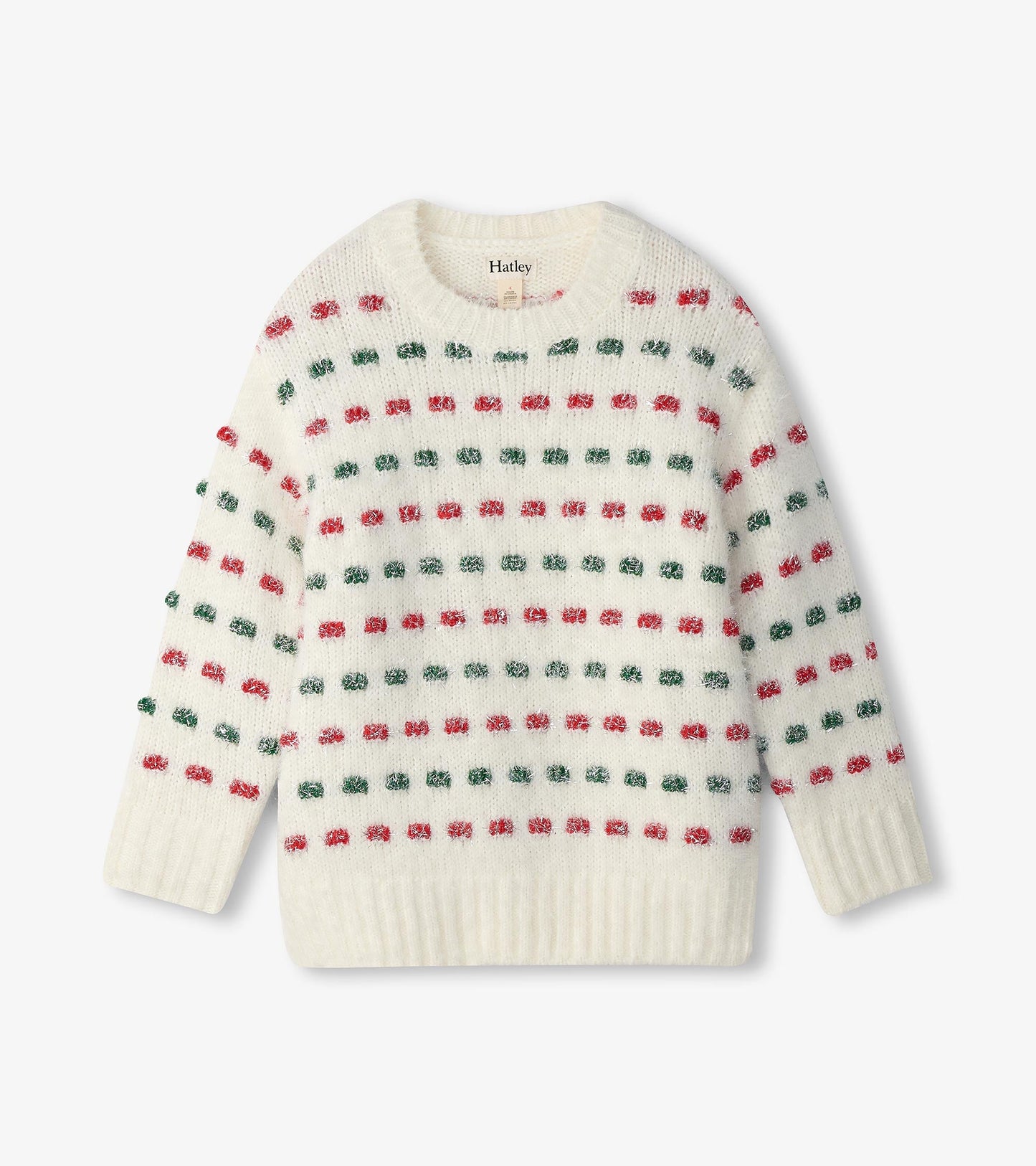 Cream sweater with red and green dotted pattern, featuring a round neck and ribbed cuffs, suitable for holiday wear.