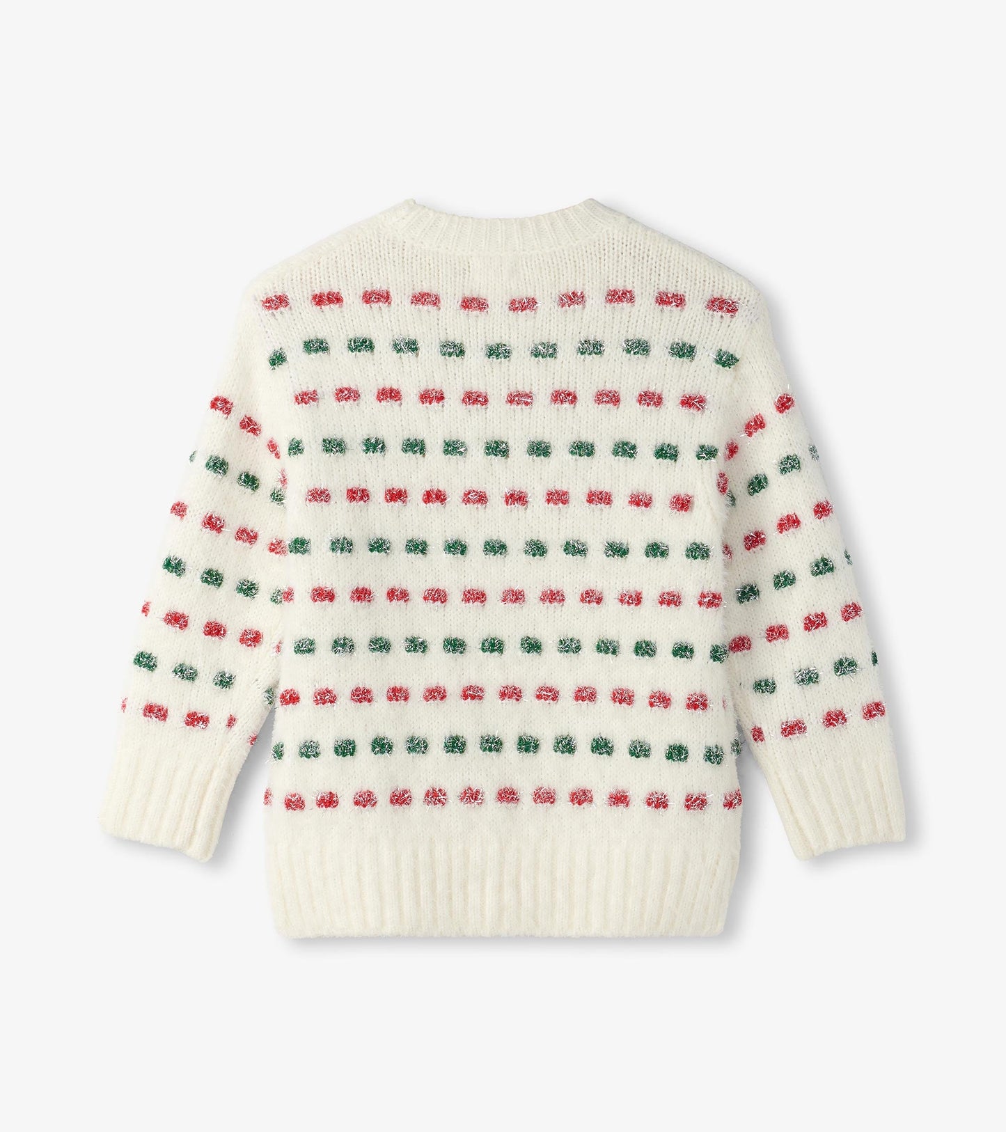 Cream sweater featuring a holiday basket weave pattern with red and green dots, ribbed cuffs and hem.
