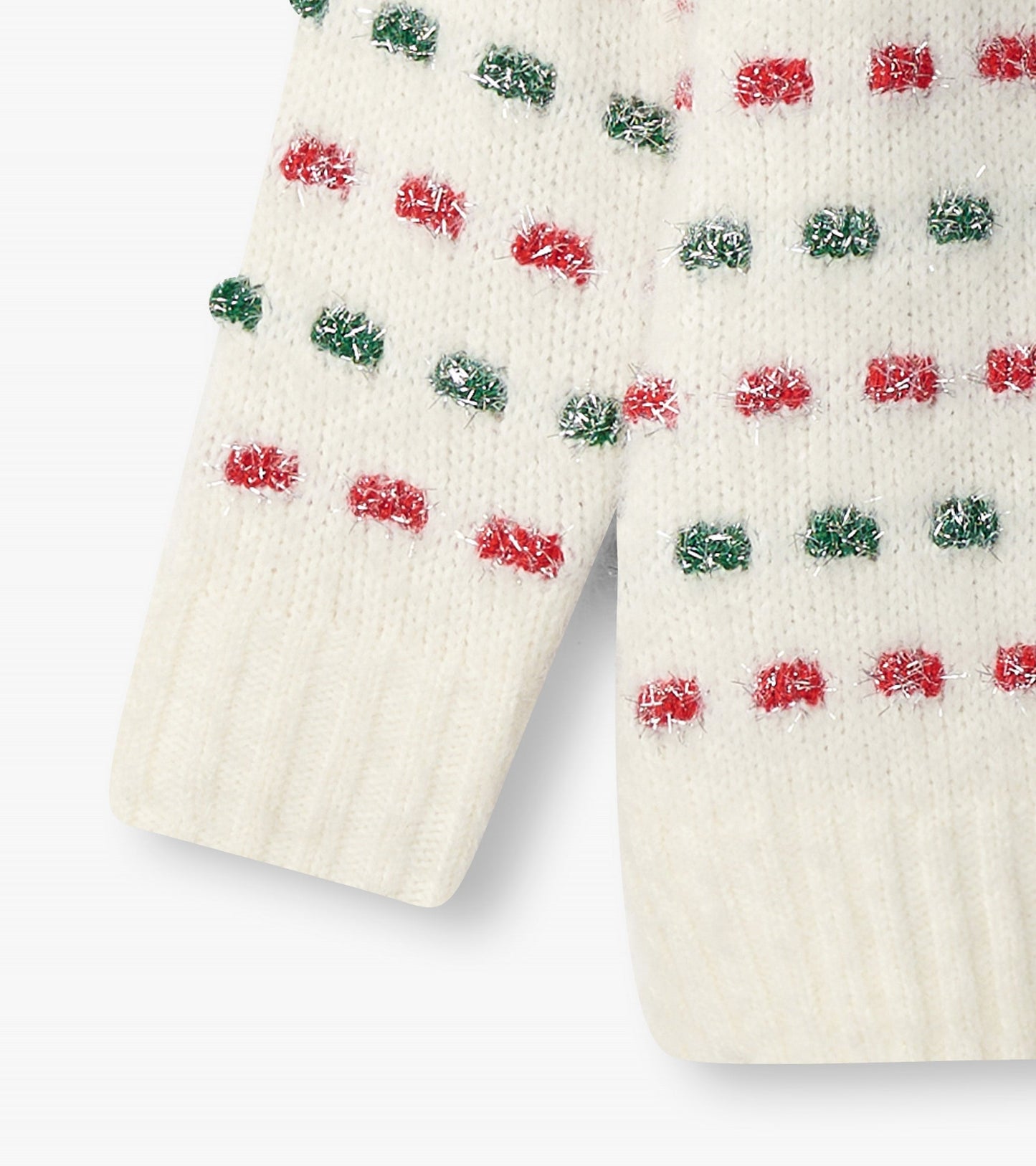 Cream sweater featuring a basket weave pattern with red and green dots, perfect for holiday wear.