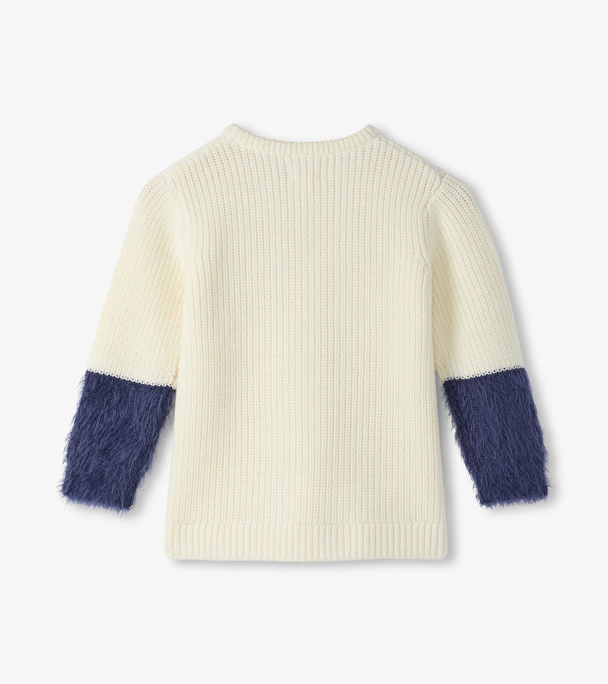 Cream sweater with fluffy navy sleeves and ribbed texture, featuring a round neckline and three-quarter length sleeves.
