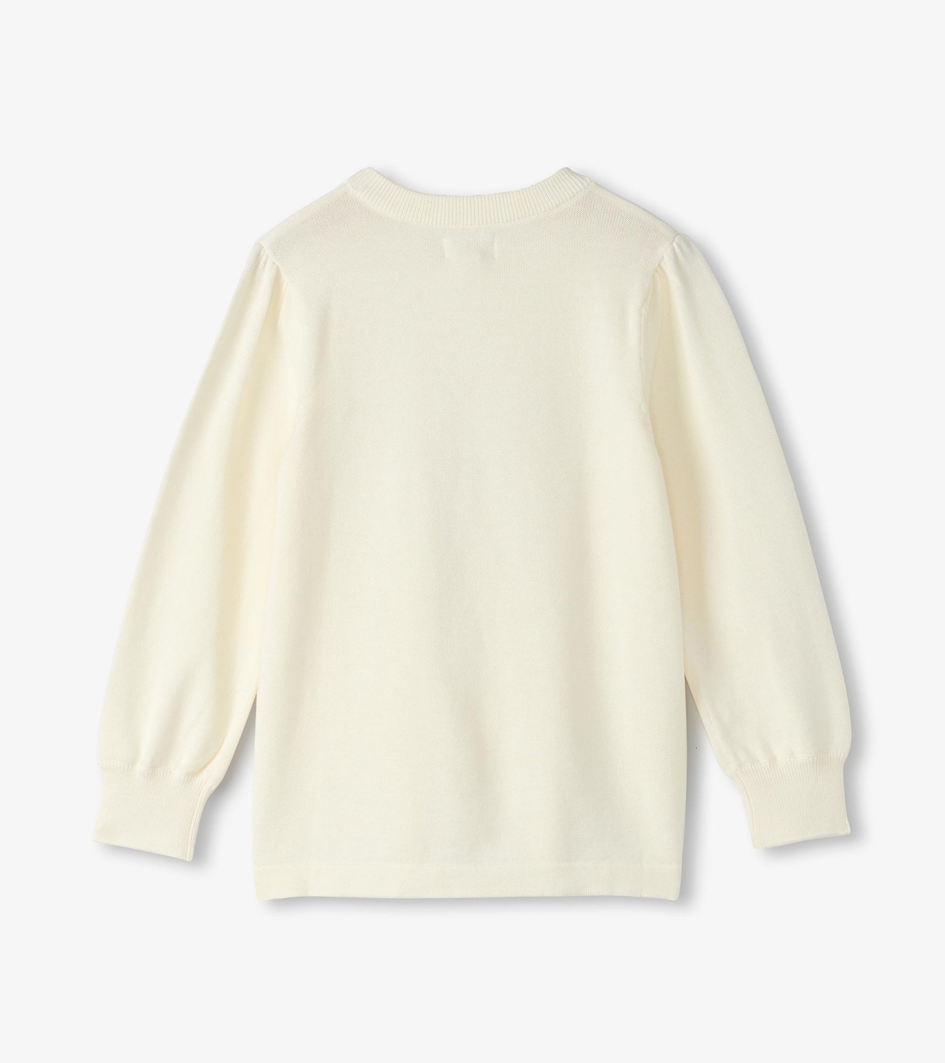 Cream-colored pullover sweater with long sleeves and a round neckline, featuring a soft knit texture.