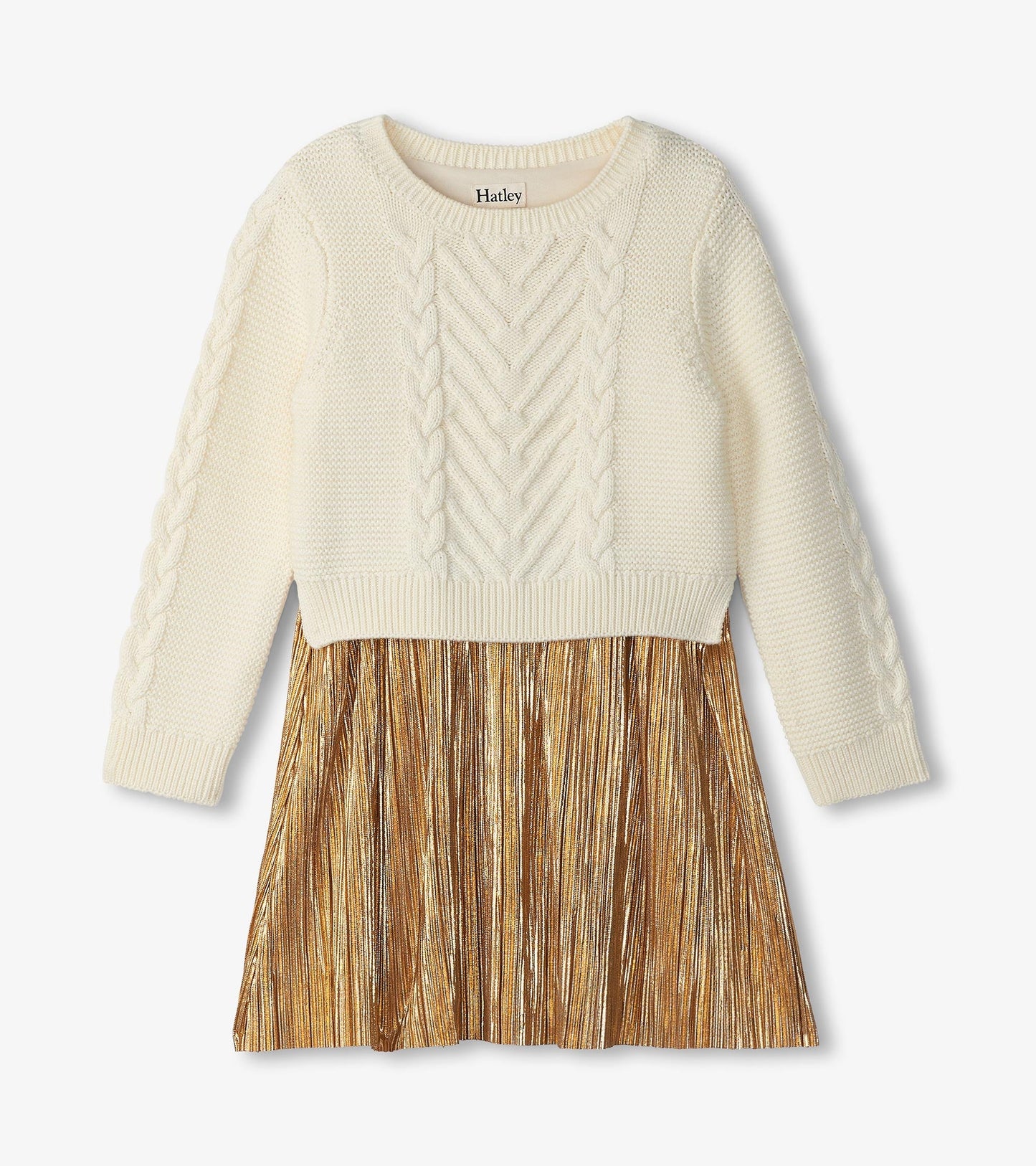 Cream knitted top with cable pattern and a gold pleated skirt, perfect for holiday occasions.