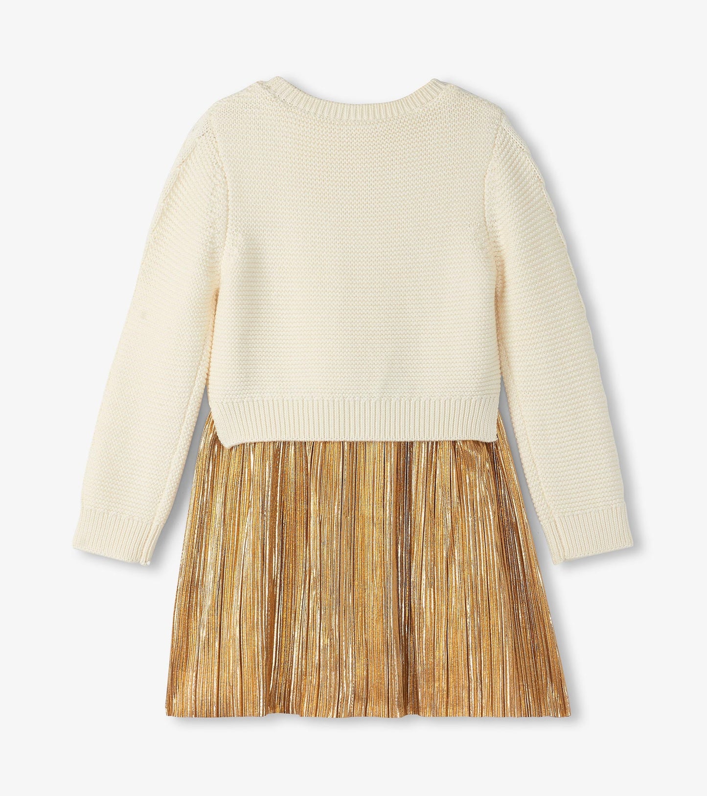 Cream knit top with long sleeves and a gold pleated skirt, suitable for holiday occasions.