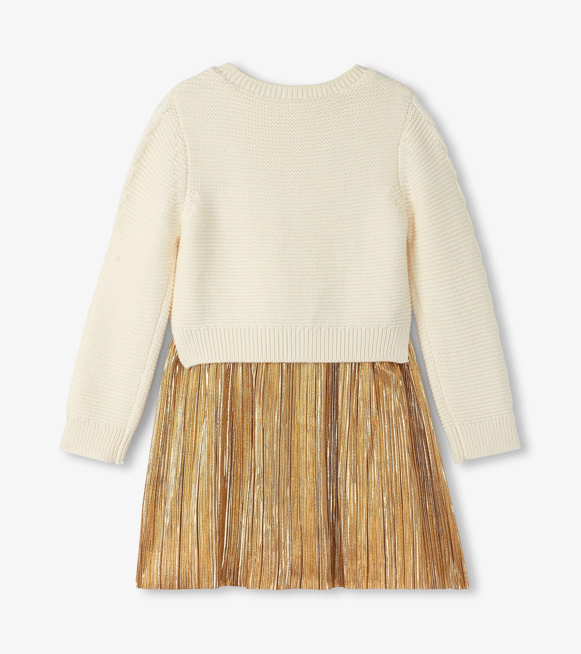 Cream knit top with long sleeves and a gold pleated skirt, suitable for holiday occasions.