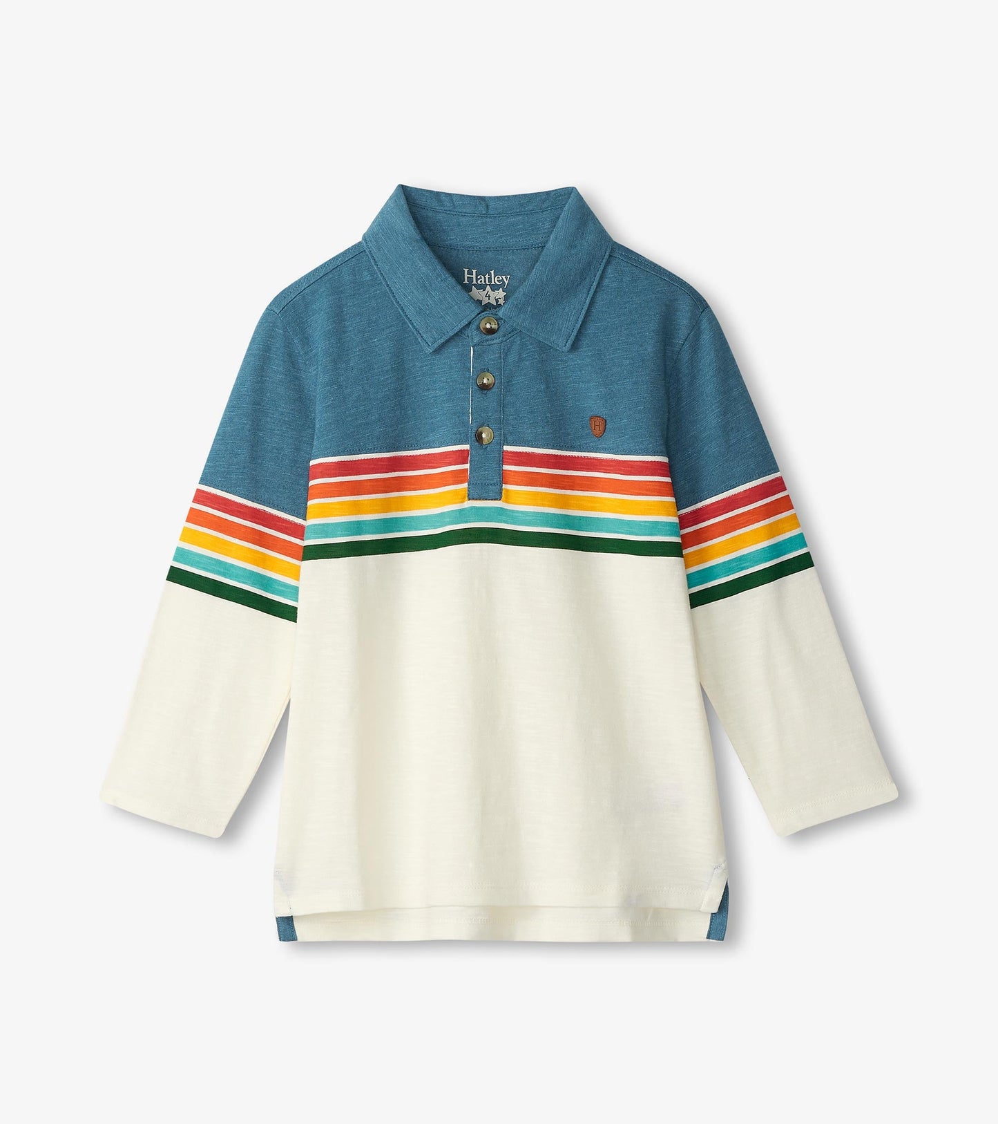 Long sleeve polo featuring a blue collar and colorful retro stripes in red, yellow, green, and white.