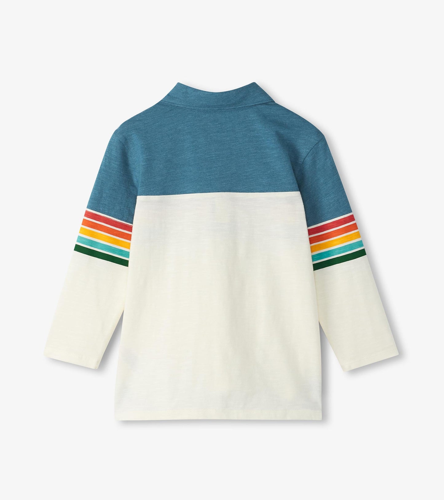 Long sleeve polo featuring a blue upper panel and cream body with colorful retro stripes on the sleeves.