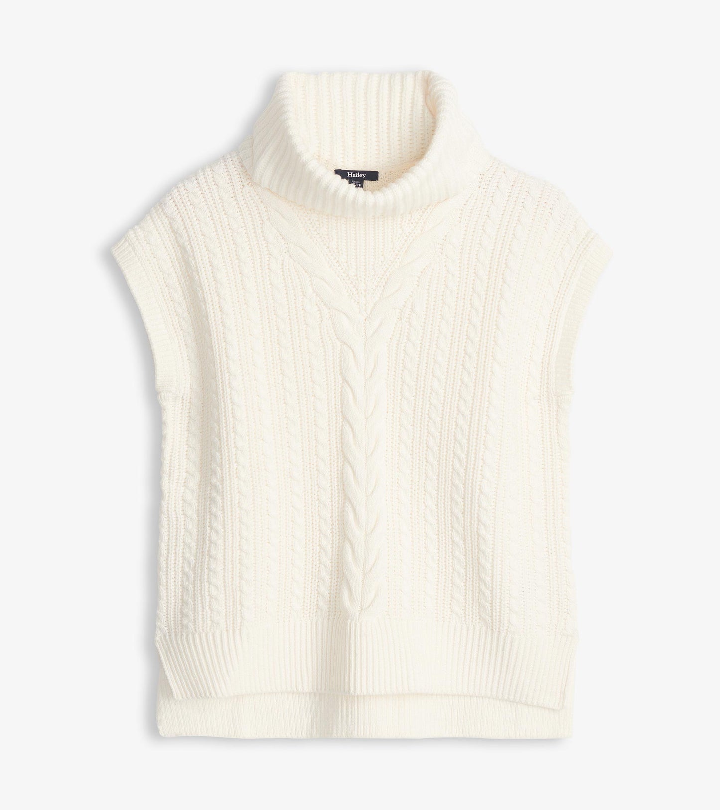 Cable knit vest in winter white with a high collar and short sleeves, featuring textured patterns and a ribbed hem.