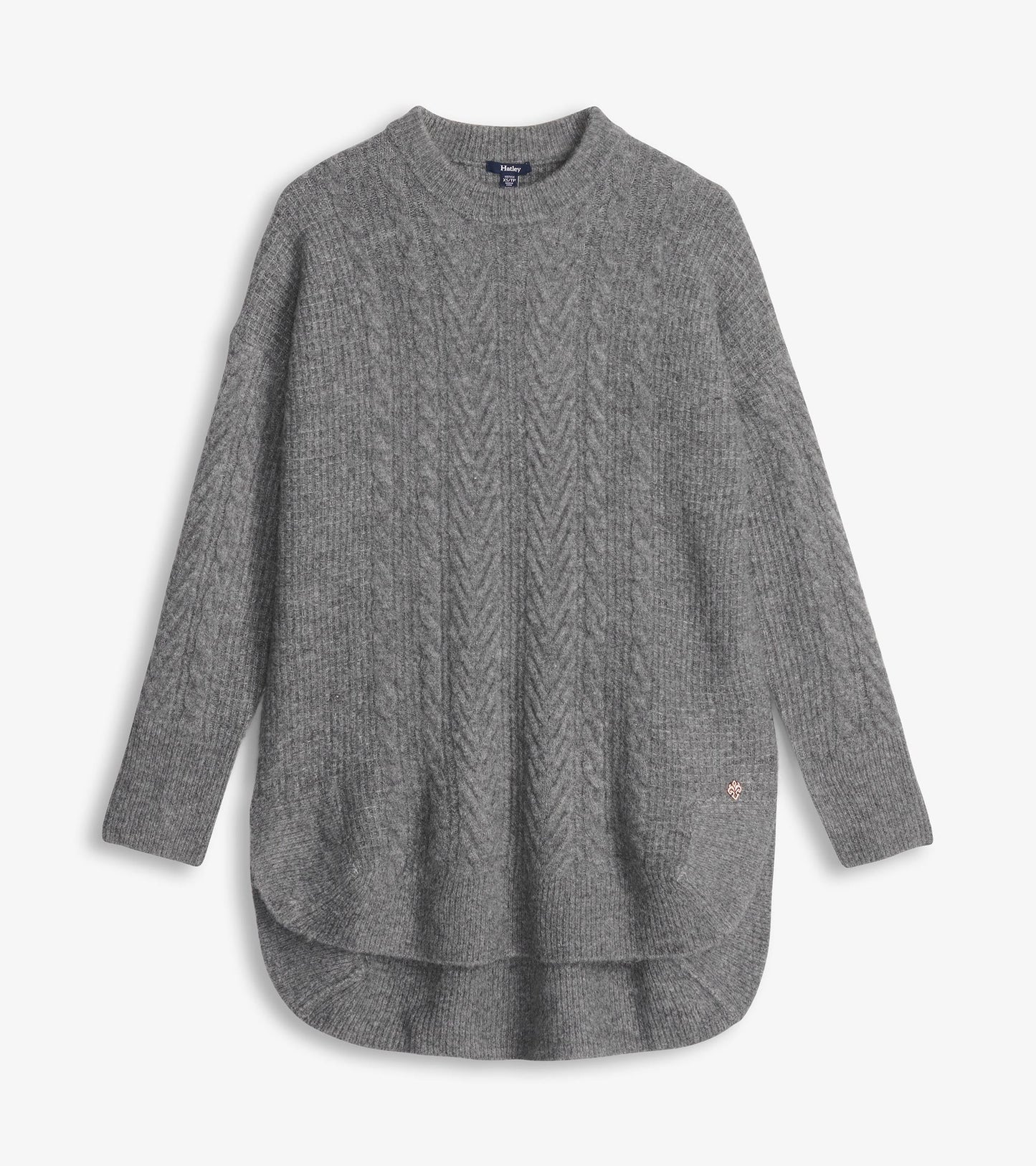 Charcoal heather cable knit tunic with a rounded hem and long sleeves, suitable for casual wear.