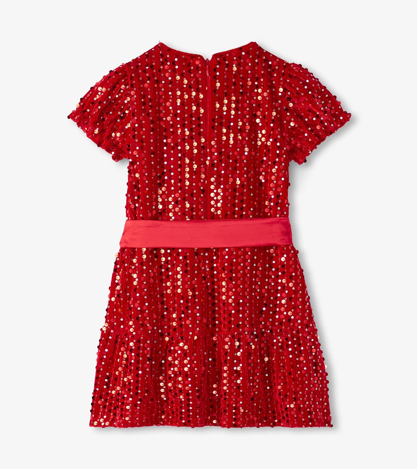Red velvet dress adorned with sequins, featuring short sleeves and a waist ribbon, shown from the back.