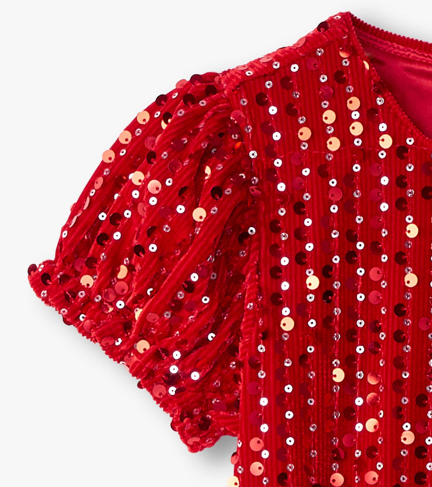 Red velvet dress with sequins, featuring puff sleeves and a round neckline, ideal for special occasions.
