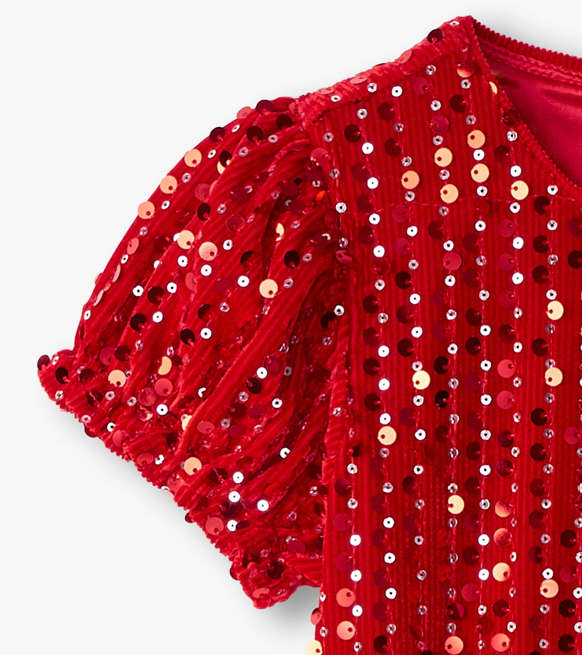 Red velvet dress with sequins, featuring puff sleeves and a round neckline, ideal for special occasions.