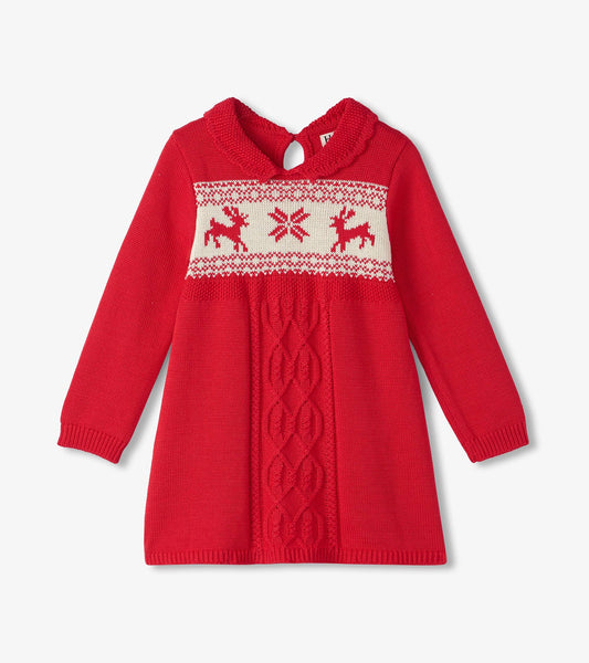 Red cable knit sweater dress featuring a festive pattern with reindeer and snowflakes, designed for babies and toddlers.