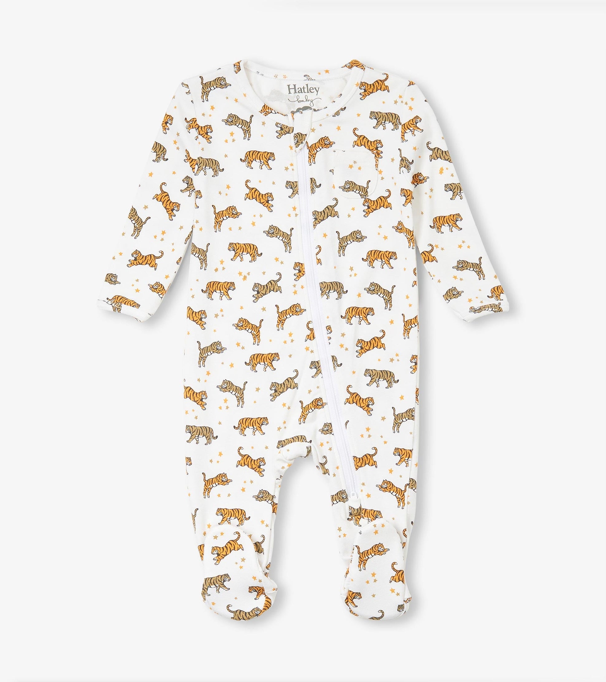 White bamboo sleeper featuring playful celestial tiger patterns in orange and gray, with long sleeves and footed design.