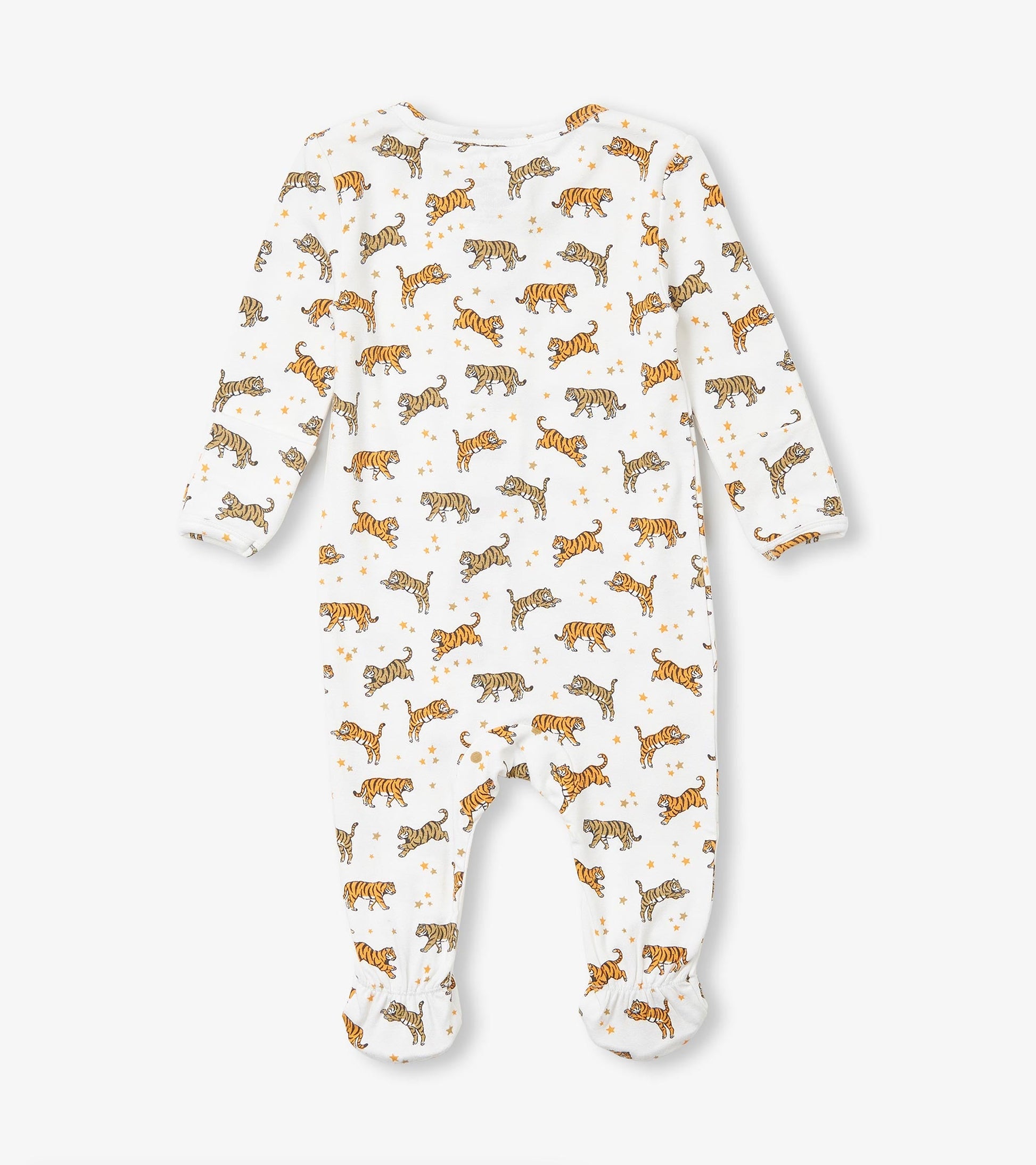 White bamboo sleeper featuring a playful celestial tiger pattern, ideal for baby boys, with long sleeves and footed design.