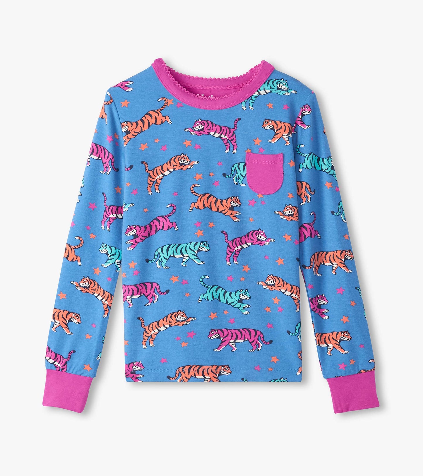 Blue long-sleeve pajama top featuring colorful tigers and stars, with a pink pocket and trim.