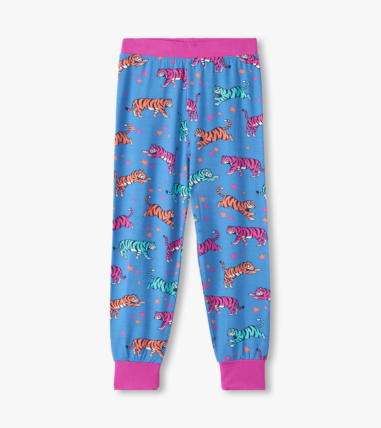 Blue bamboo pajama pants featuring colorful celestial tigers and stars, with a pink elastic waistband and cuffs.