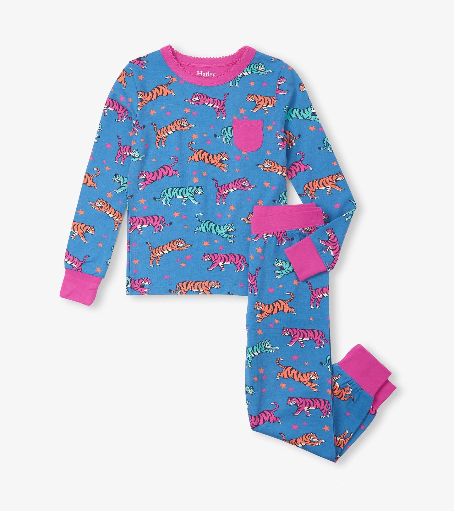 Blue bamboo pajama set featuring colorful celestial tigers and pink accents, includes long-sleeve top and matching pants.