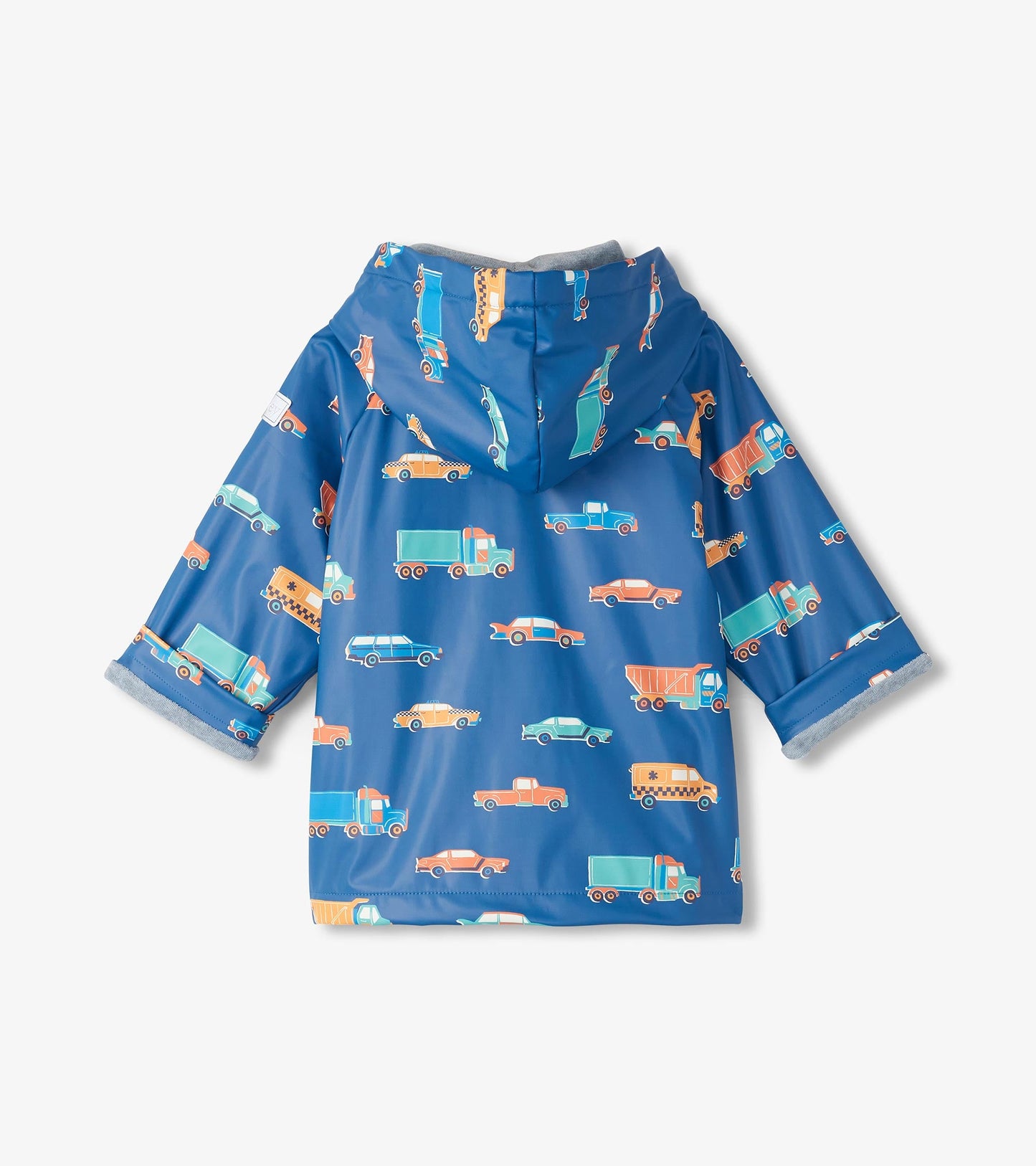 Blue rain jacket featuring colorful driving car patterns, with a hood and rolled sleeves, suitable for baby and toddler boys.