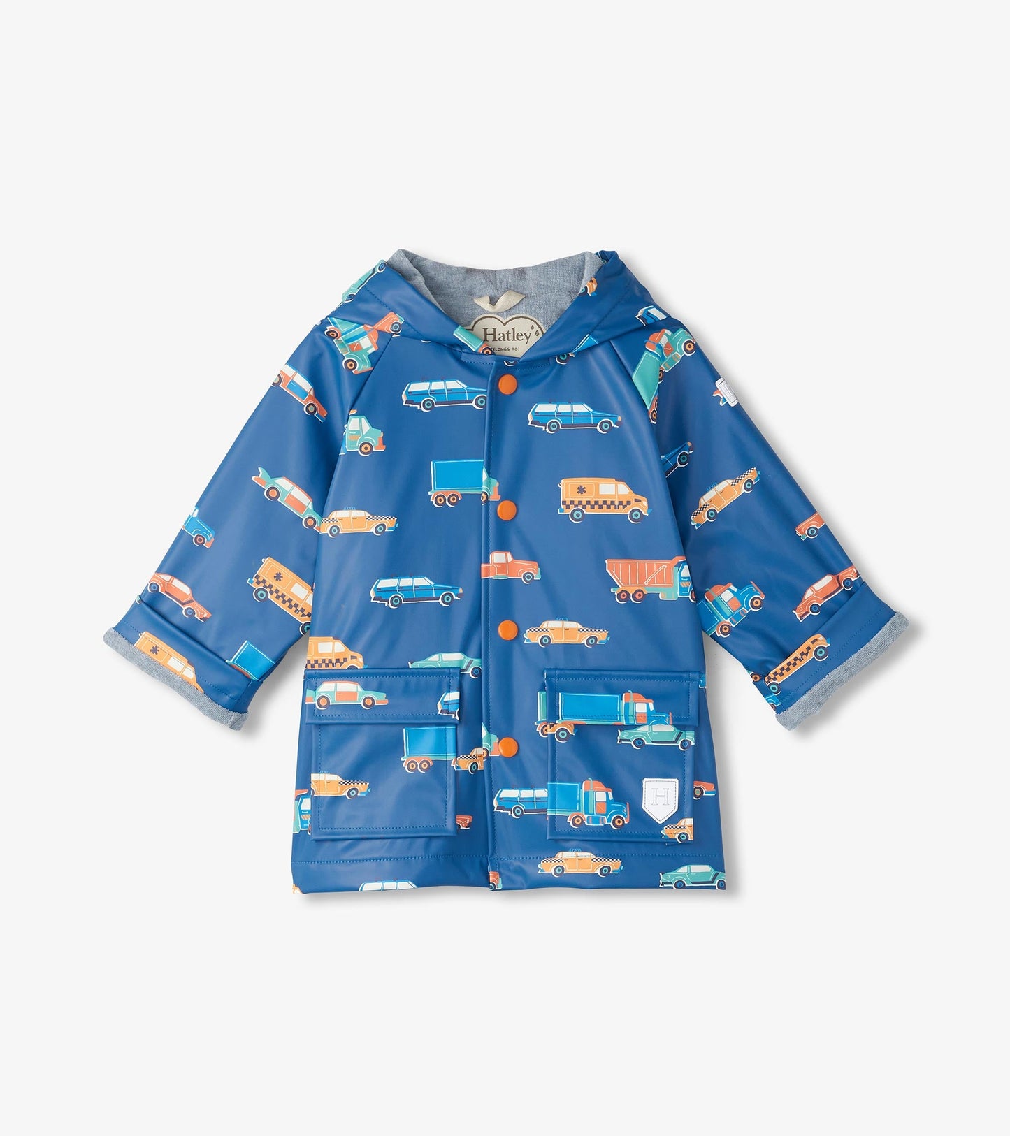 Blue rain jacket featuring colorful driving cars pattern, button-up front, and hood, suitable for baby and toddler boys.
