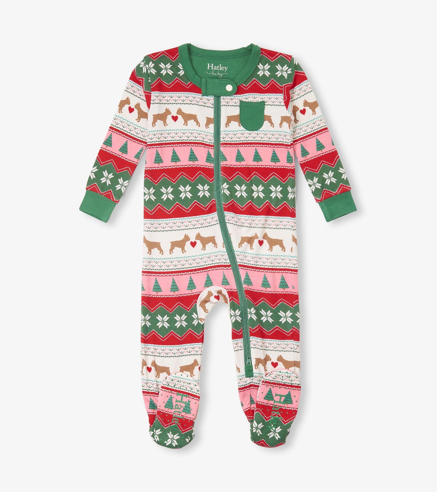 Bamboo footed sleeper in festive red, green, and pink with puppy and heart patterns, featuring a front zipper and long sleev…