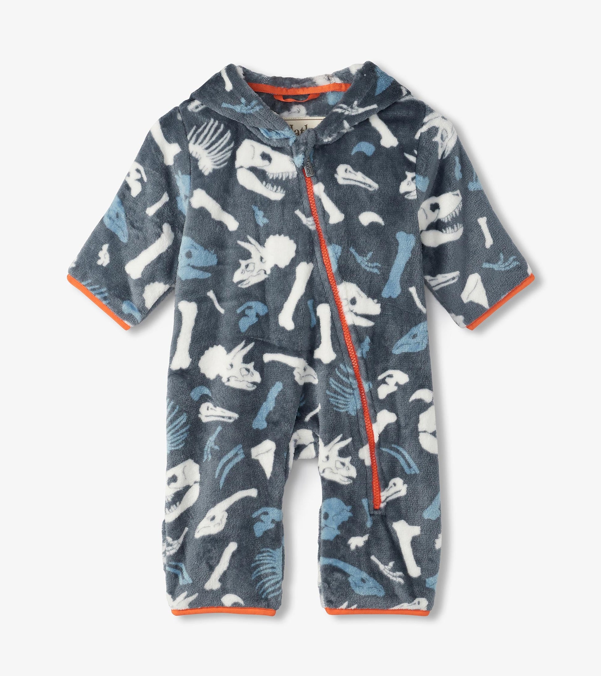 Gray fleece suit featuring dinosaur fossil patterns, with a zip front and orange trim, suitable for baby boys.