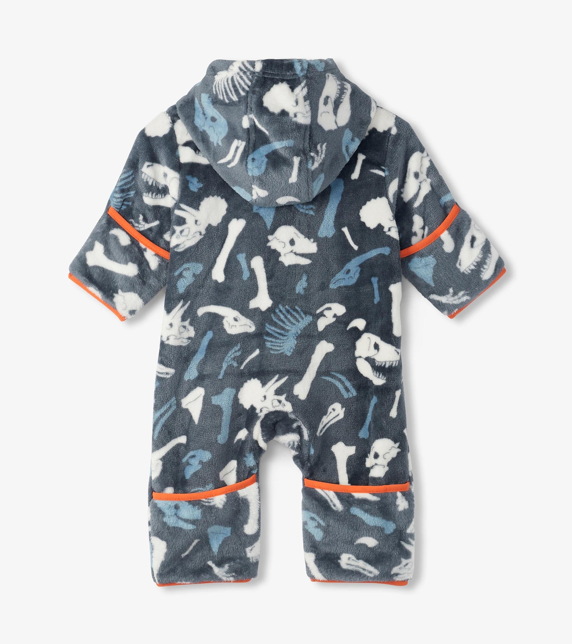Fleece suit in blue with dinosaur fossil prints, featuring a hood and orange trim, suitable for baby boys.
