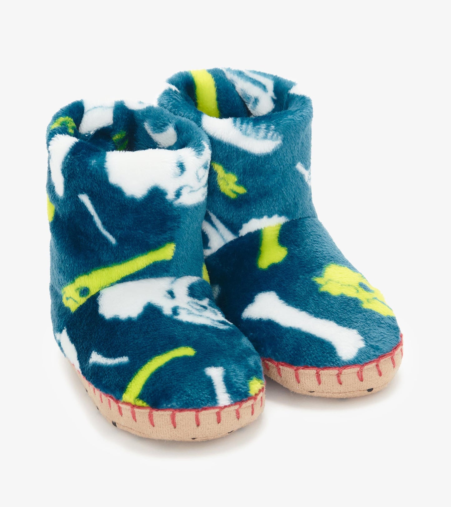 Blue fleece slippers featuring dinosaur fossil patterns and a soft, cozy design with a beige sole.