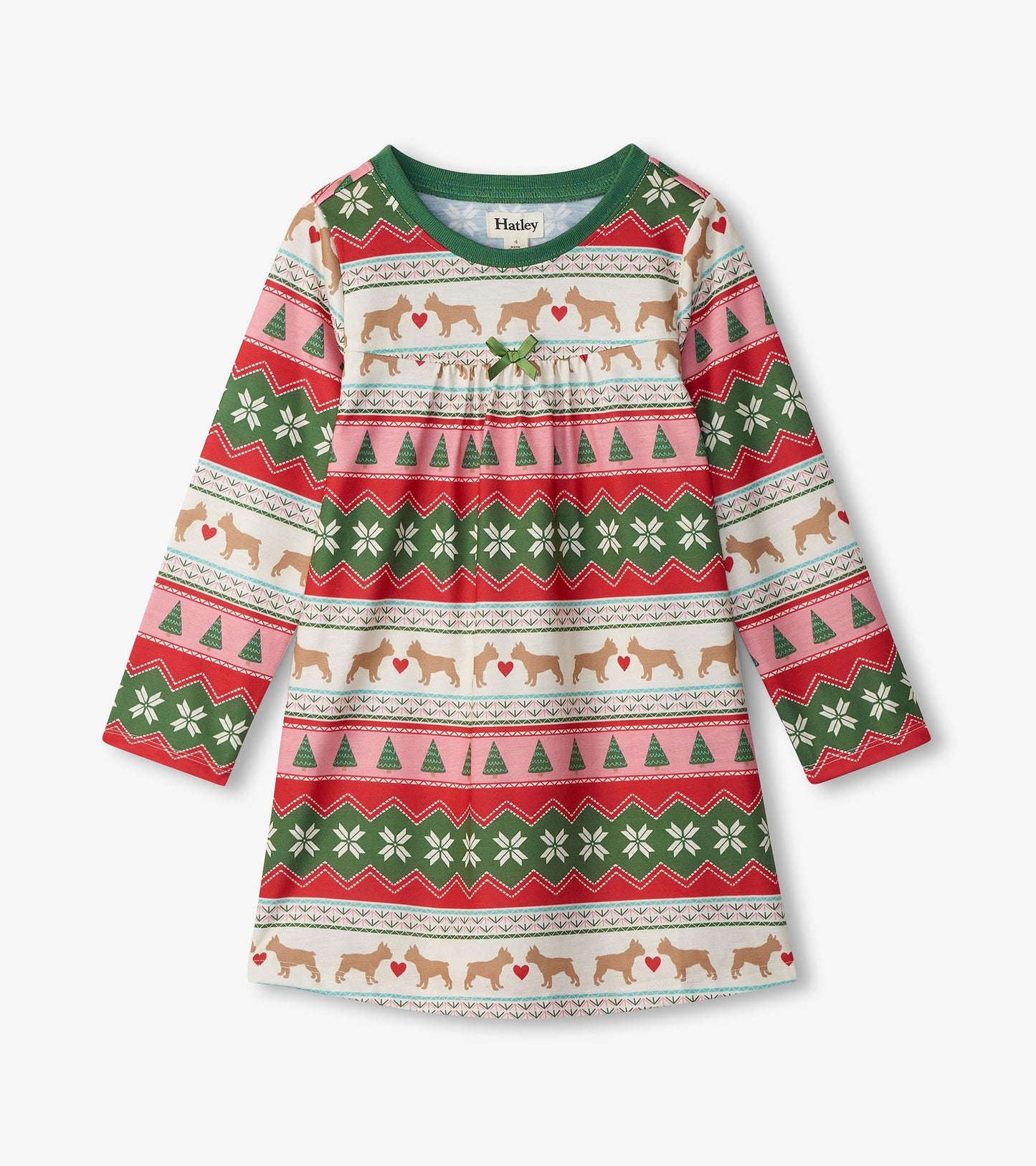Long sleeve nightdress featuring a Fair Isle pattern with puppies, hearts, and trees in red, green, and pink hues.