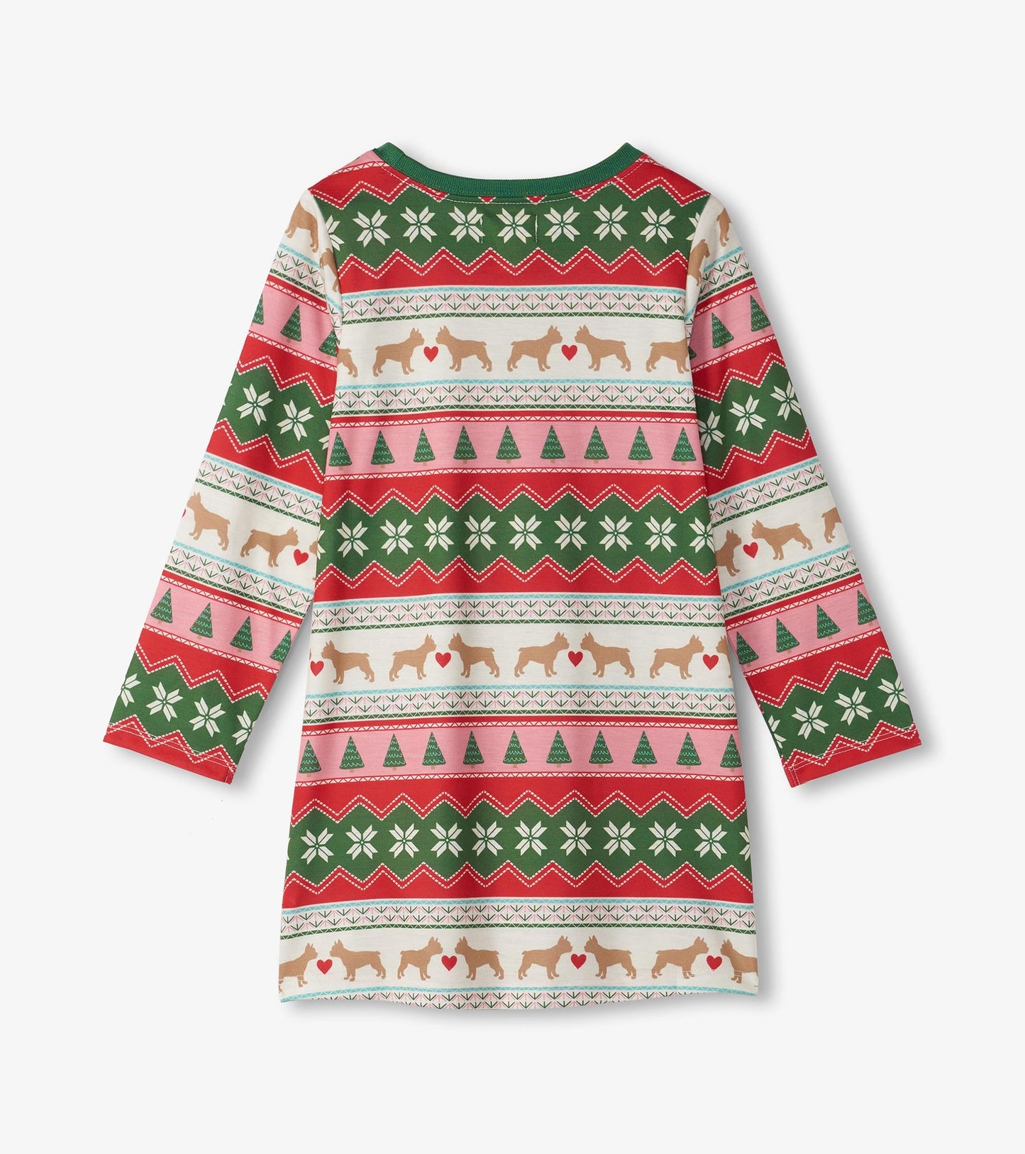 Long sleeve nightdress featuring a Fair Isle pattern with puppies, hearts, and trees in red, green, and pink colors.