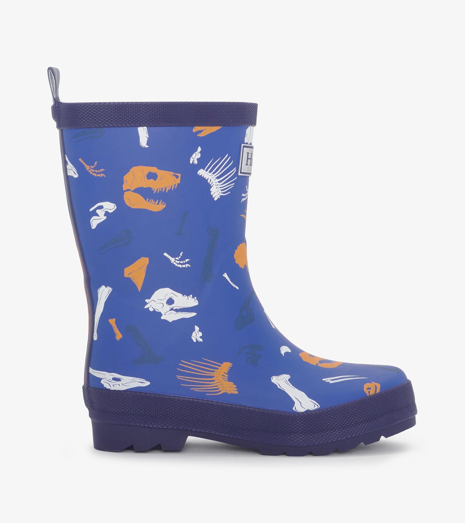 Matte blue rain boots featuring colorful dinosaur fossil prints, designed for kids with a textured sole for traction.