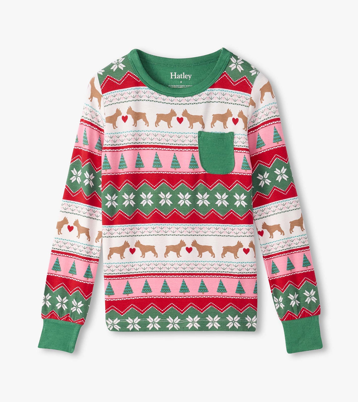 Long-sleeve pajama top featuring a colorful Fair Isle pattern with puppies, hearts, and Christmas trees in soft bamboo fabri…