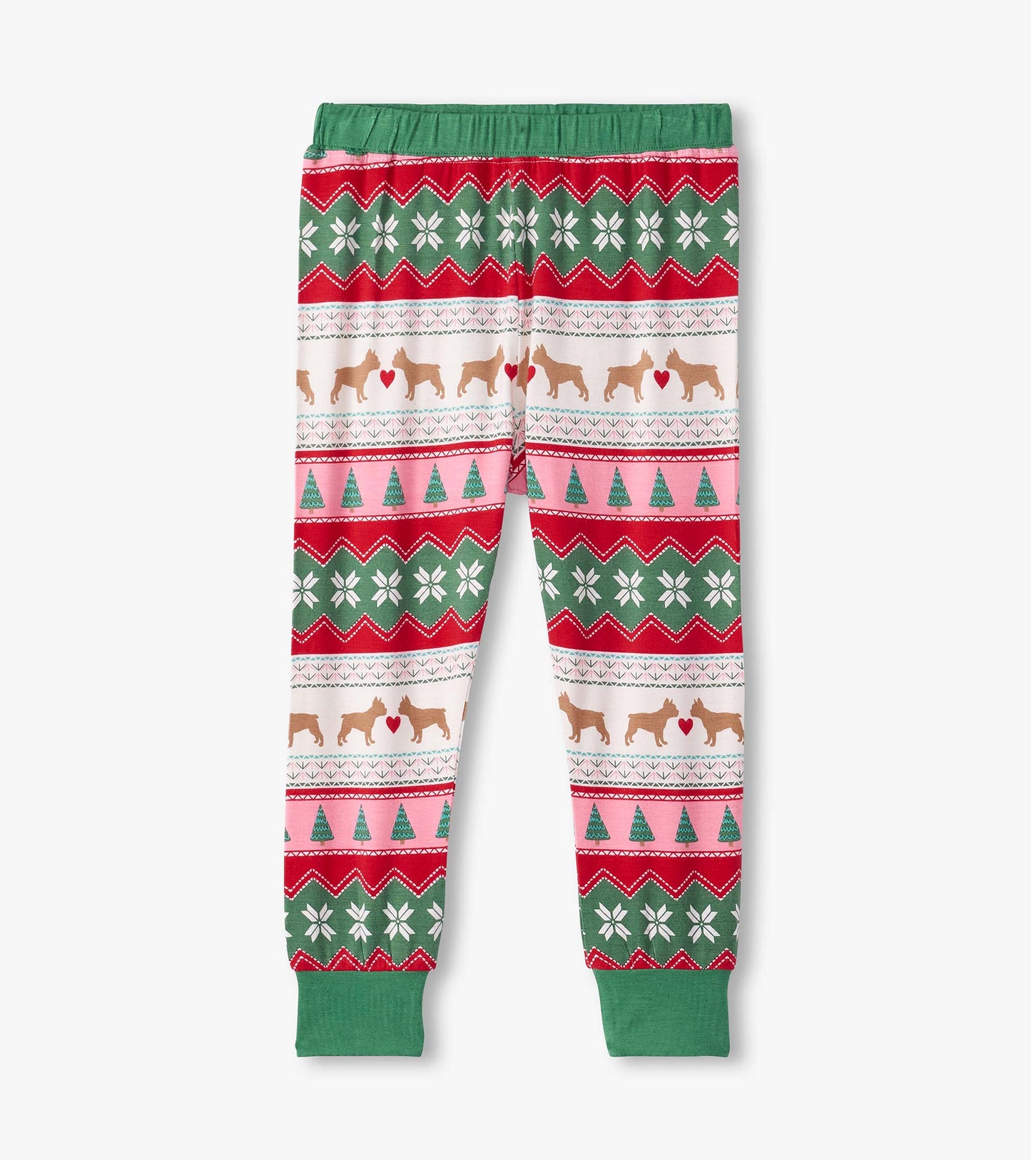 Bamboo pajama pants featuring a festive Fair Isle pattern with puppies, hearts, trees, and snowflakes in red, green, and pin…