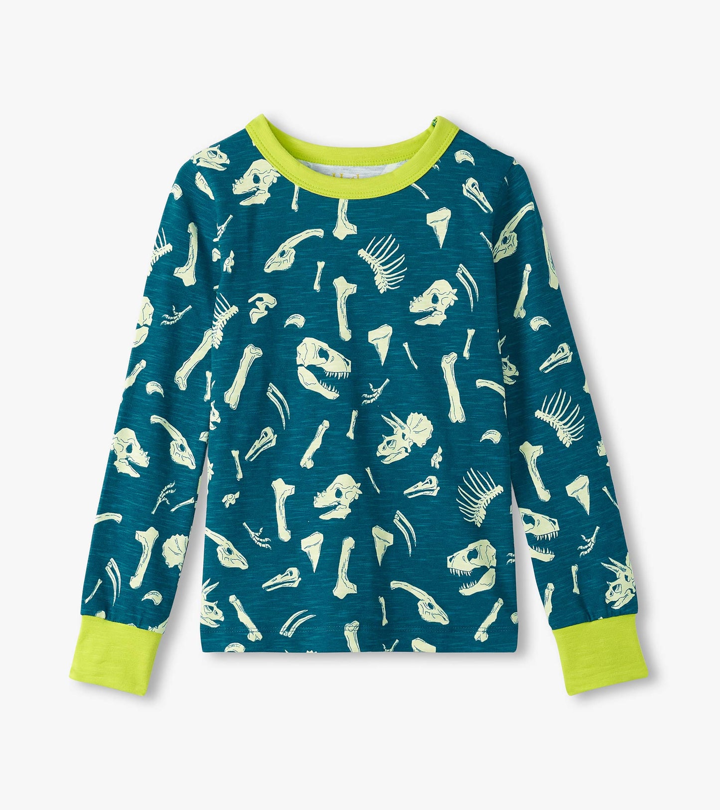 Long-sleeve pajama top in teal with dinosaur fossil prints and lime green accents at the collar and cuffs.