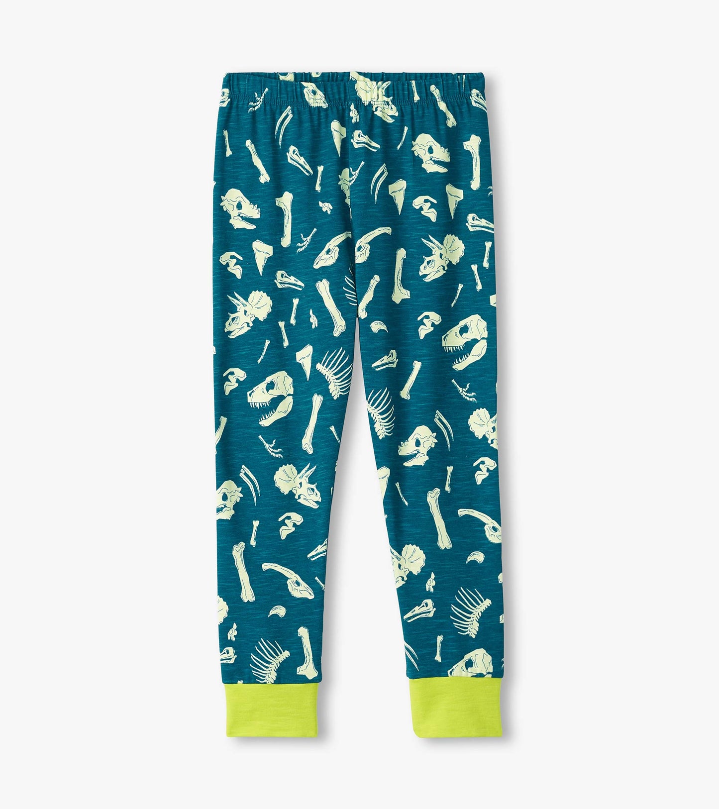 Teal pajama pants featuring a dinosaur fossil print, with a stretchy waistband and lime green cuffs.
