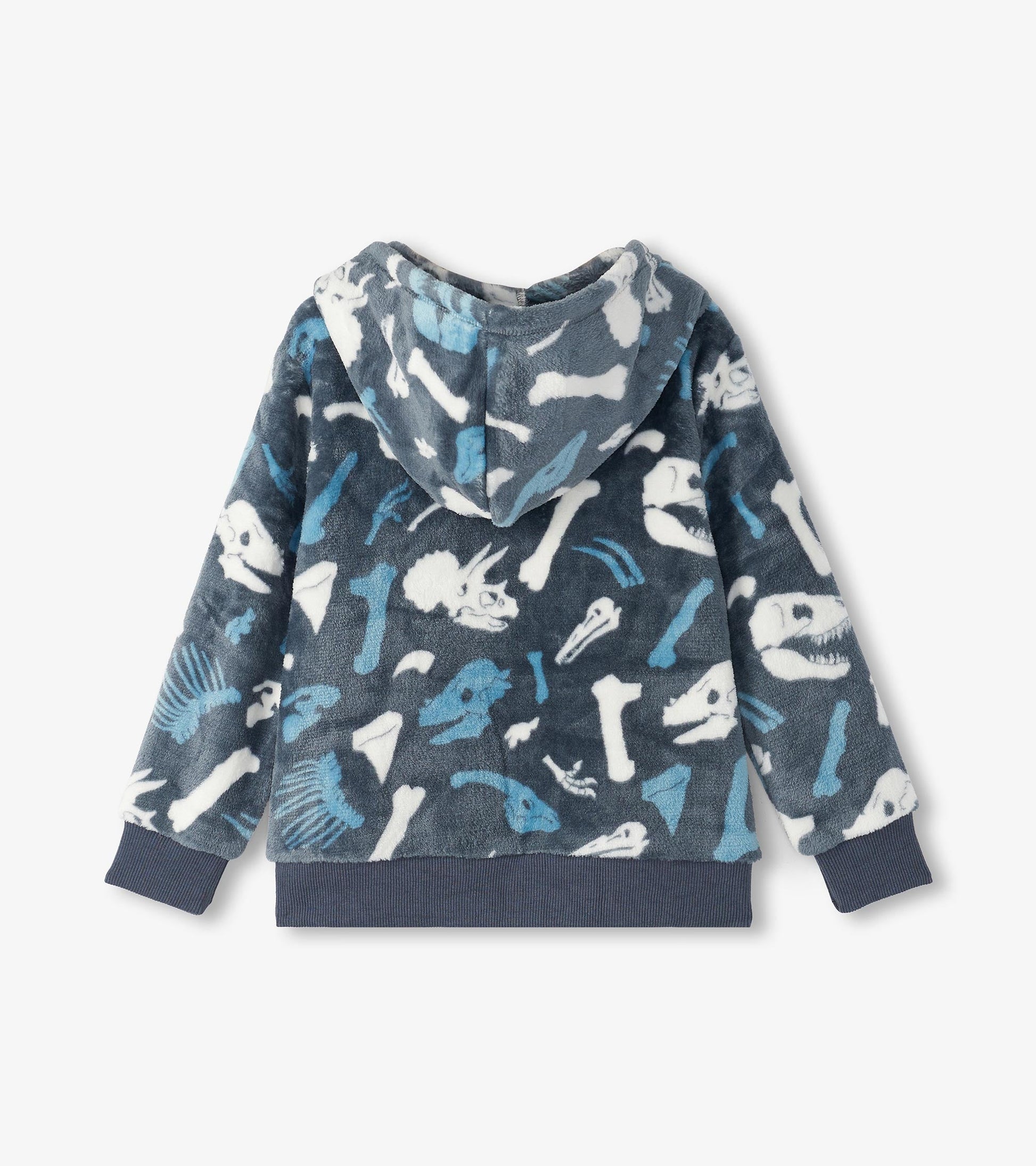 Navy fleece zip-up hoodie featuring dinosaur fossil patterns in white and blue, with a cozy hood and ribbed cuffs.
