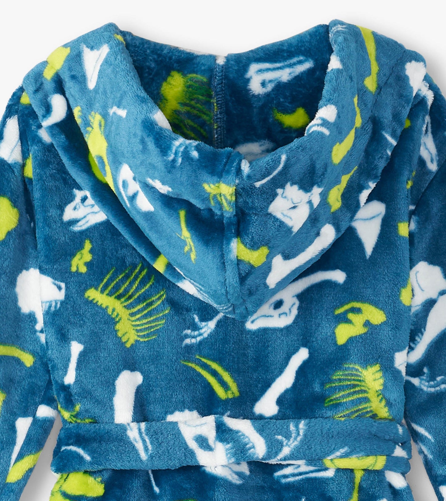 Blue fleece robe featuring dinosaur fossil patterns and a hood, designed for baby boys.