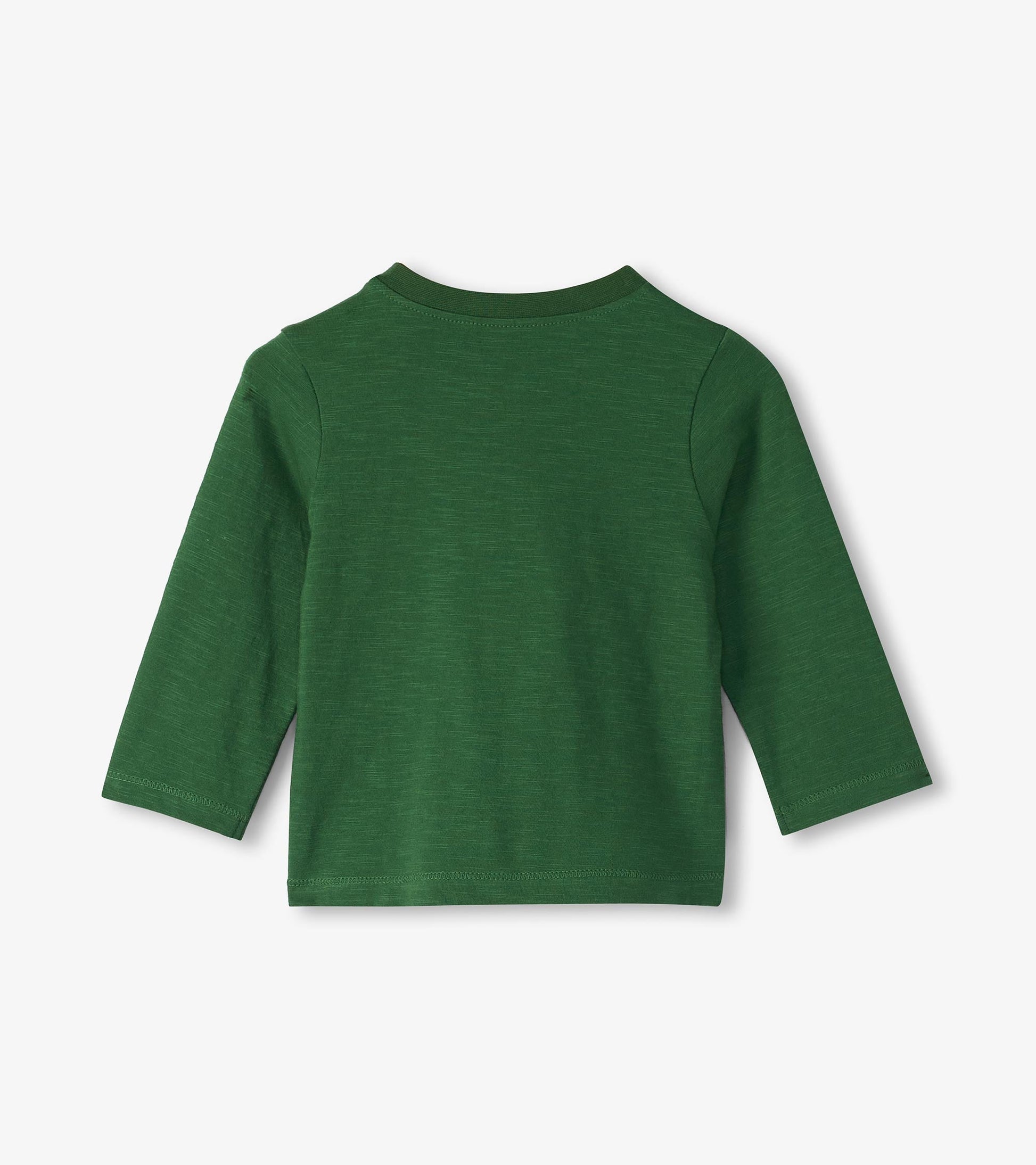 Green long sleeve t-shirt for babies and toddlers, featuring a soft texture and simple design. Back view shown.