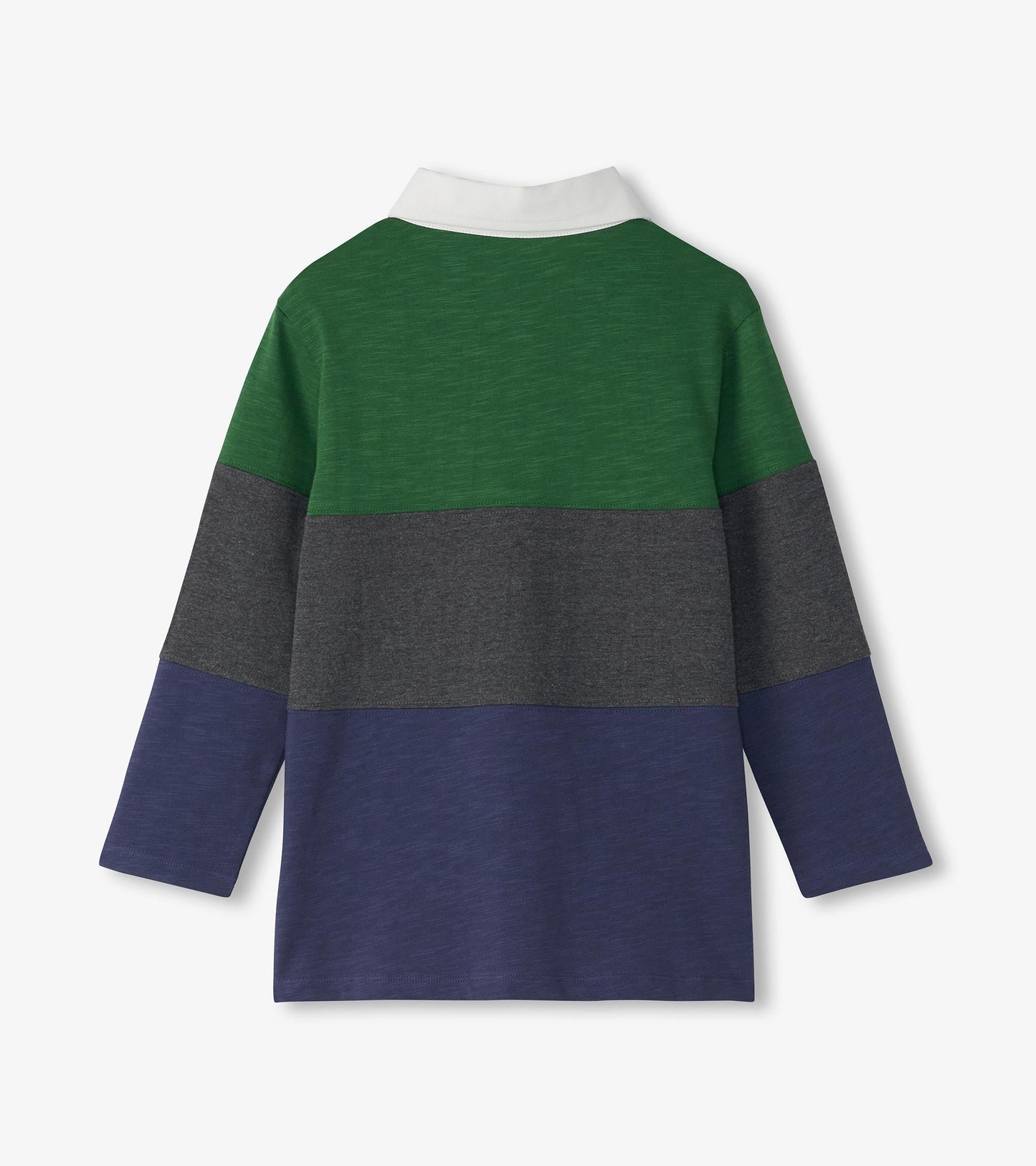 Long sleeve polo shirt featuring green, gray, and navy horizontal panels with a white collar. Back view.