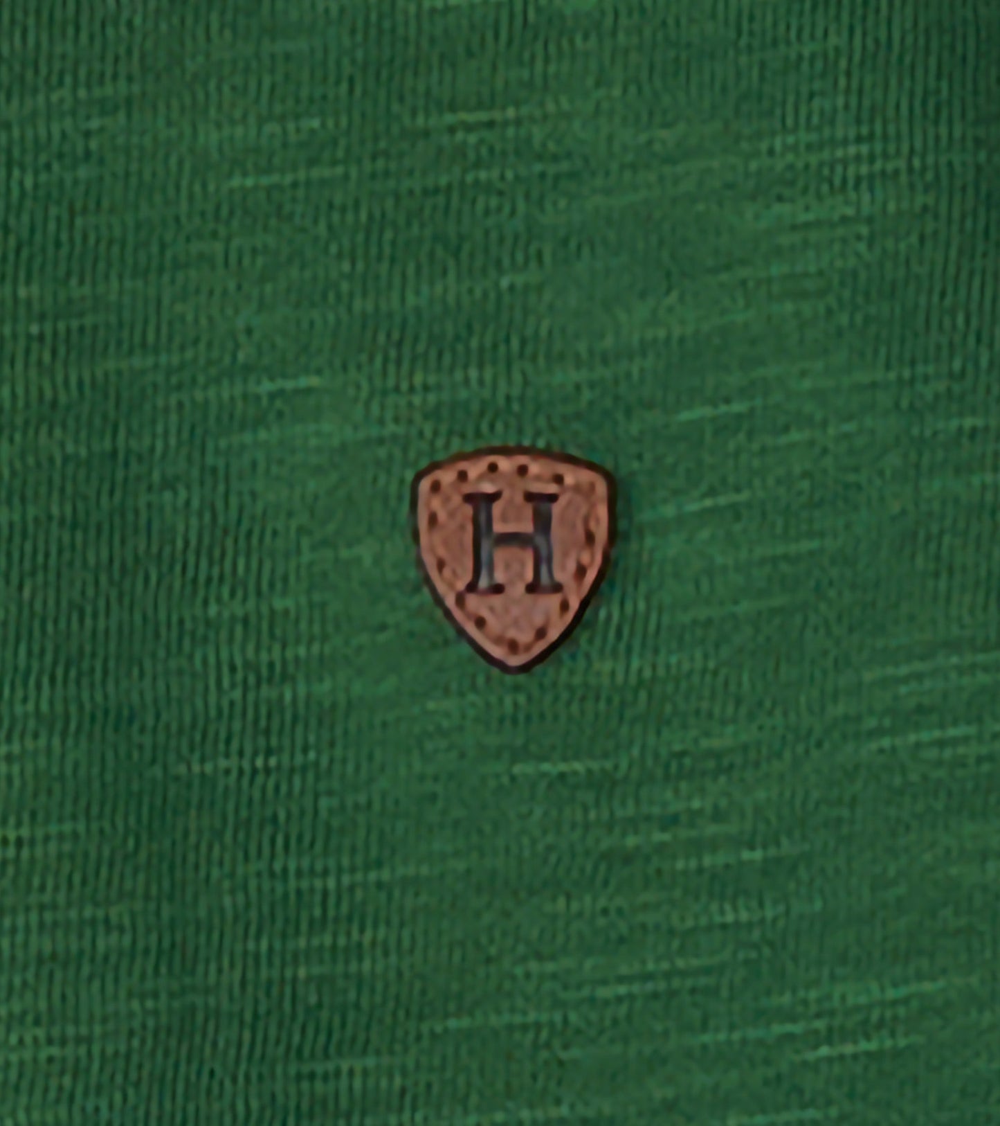 Green long sleeve polo shirt featuring a textured fabric and a small brown shield logo on the chest.