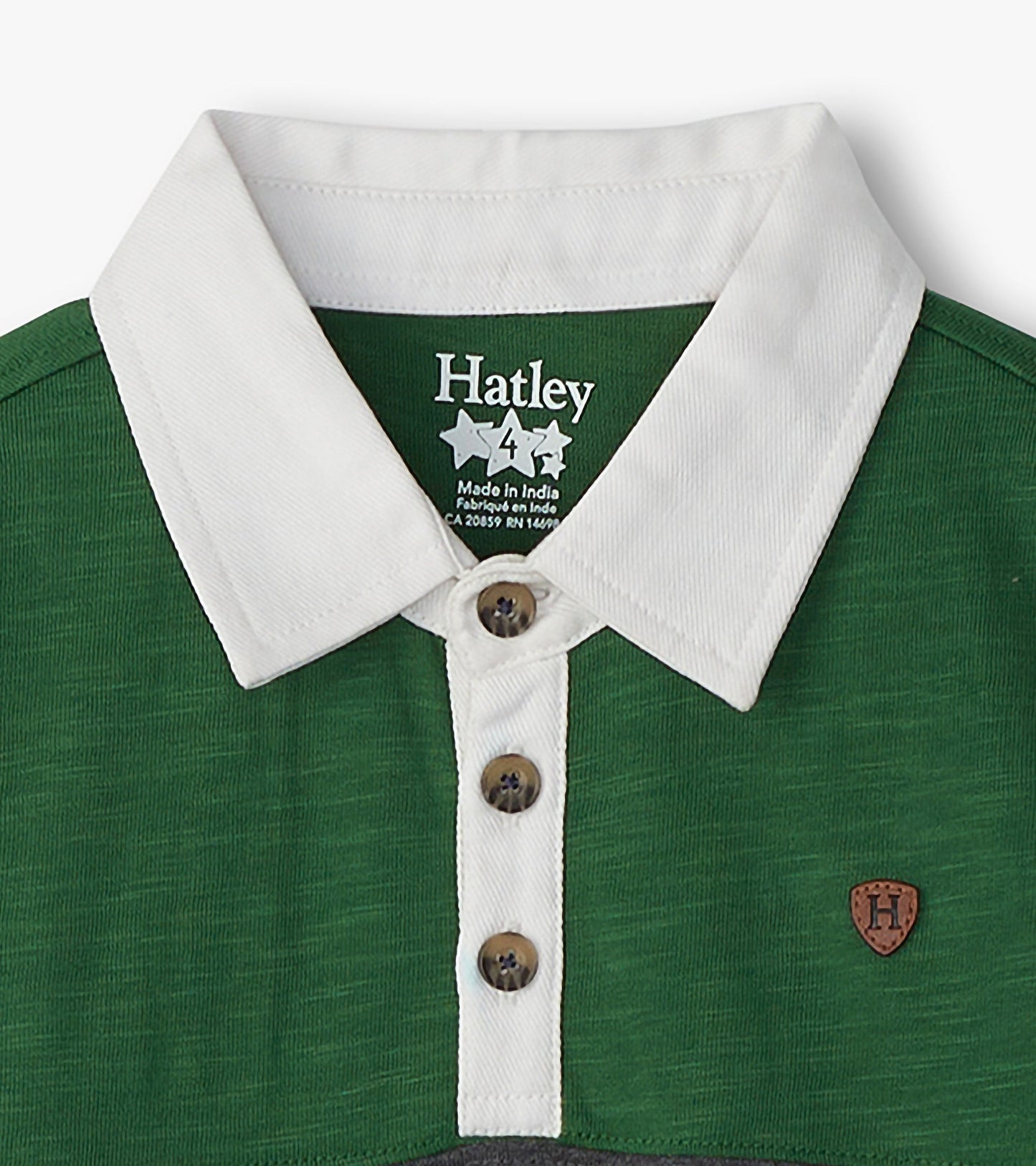 Green long sleeve polo shirt featuring a white collar, three-button placket, and a small logo on the chest.
