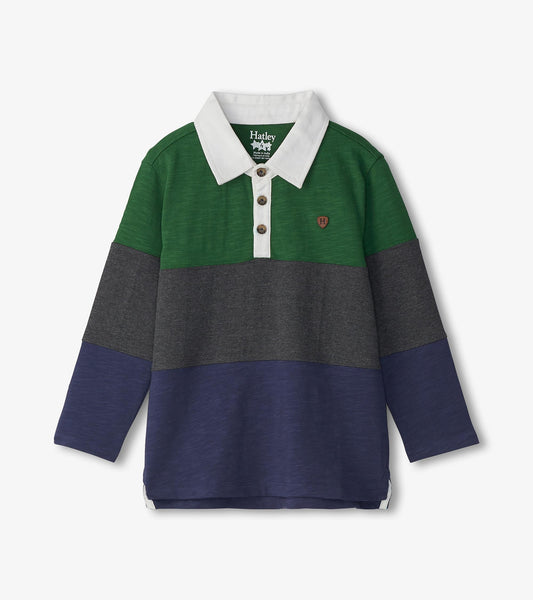 Long sleeve polo shirt featuring green, gray, and navy horizontal panels with a white collar and button placket.