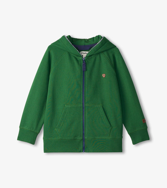Green zip-up hoodie with a hood, front pockets, and a small emblem on the chest.