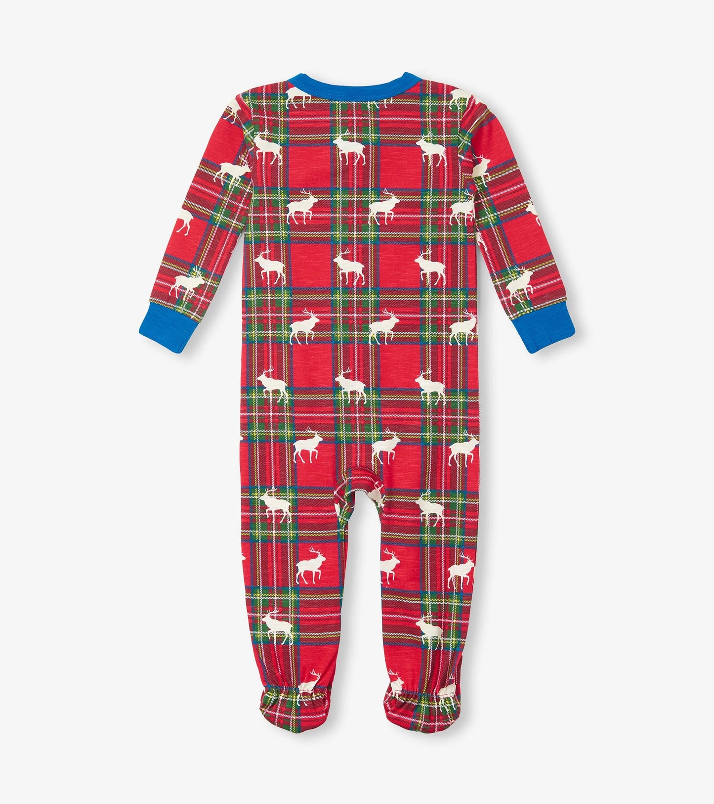 Red plaid footed sleeper with white elk print and blue cuffs, designed for infants.