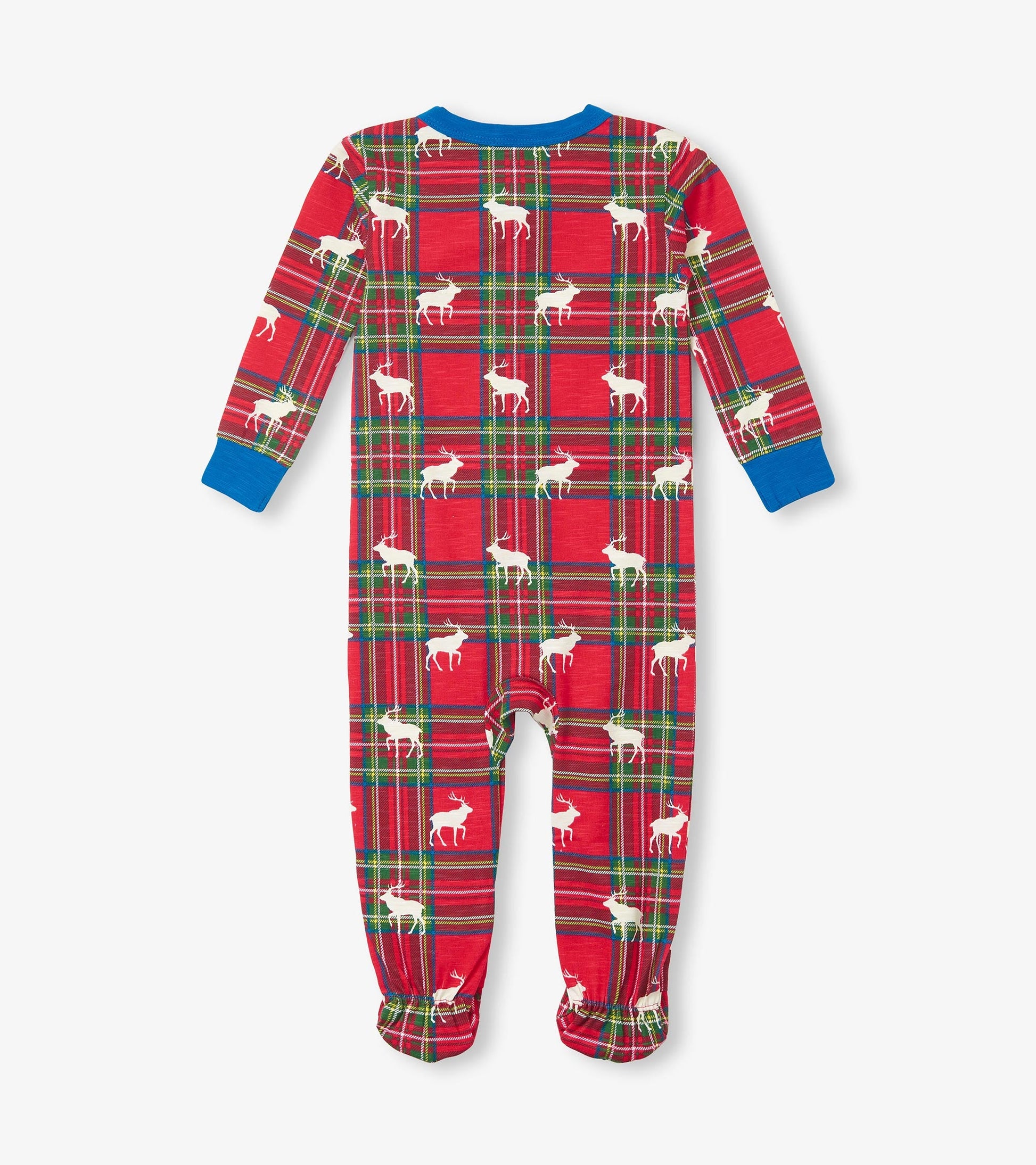 Red plaid footed sleeper with white elk print and blue cuffs, designed for infants.