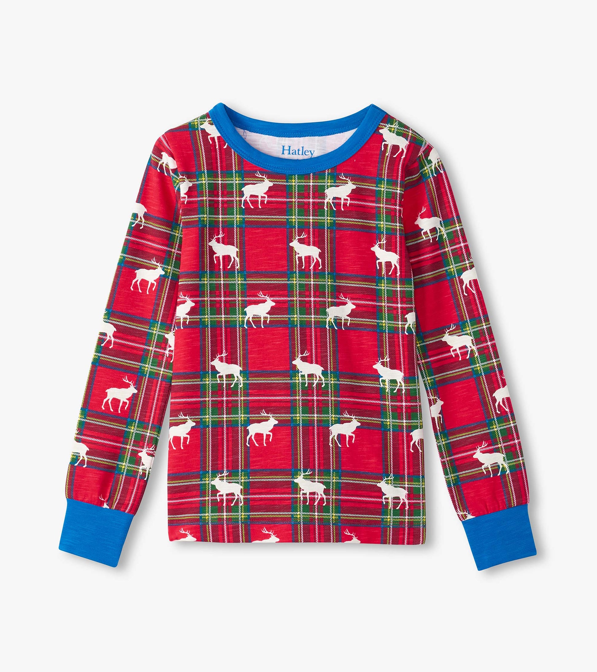 Red plaid pajama top featuring white elk silhouettes and blue cuffs, designed for boys.