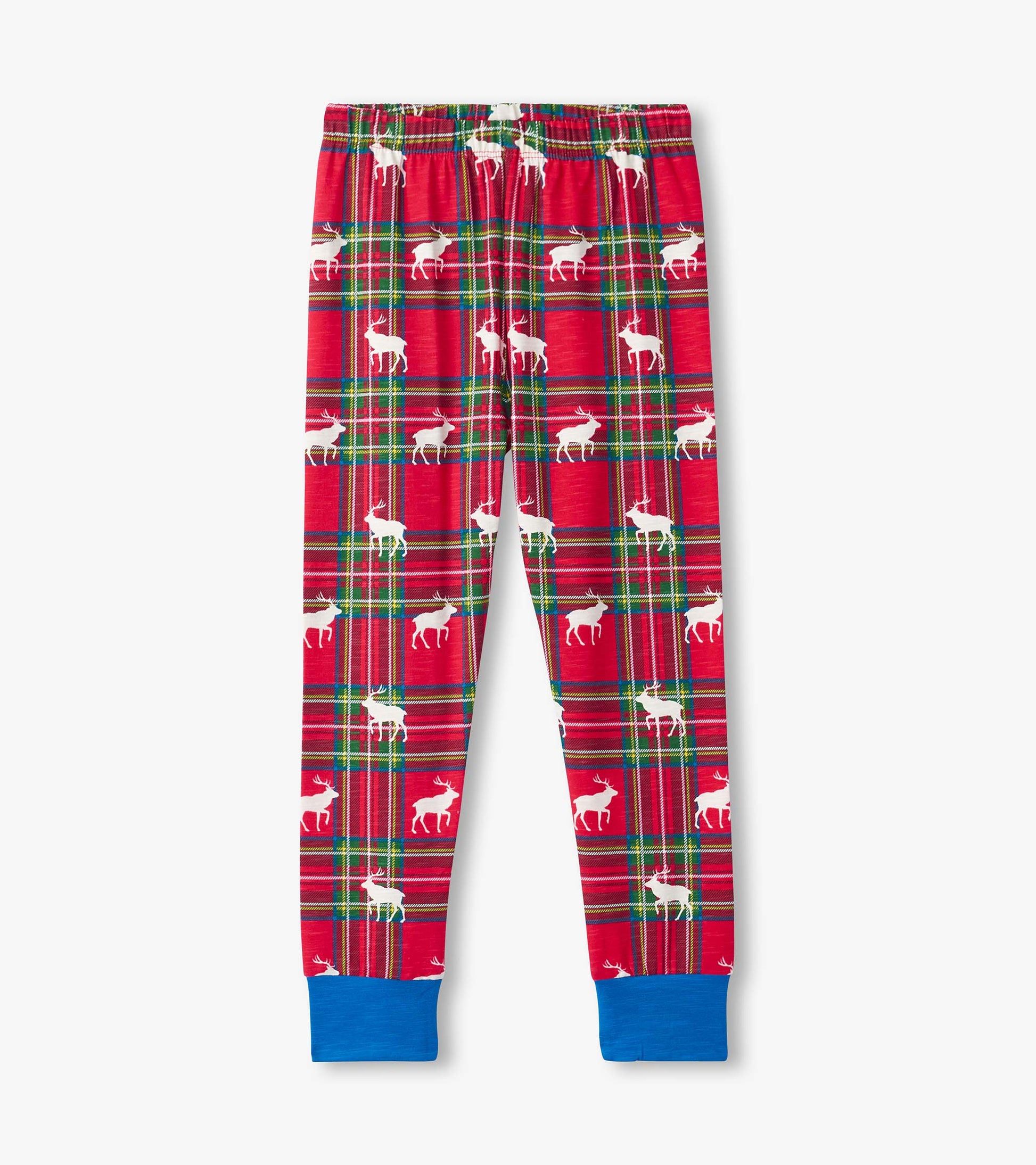 Red plaid pajama pants featuring white elk silhouettes and blue cuffs. Elastic waistband for comfort.