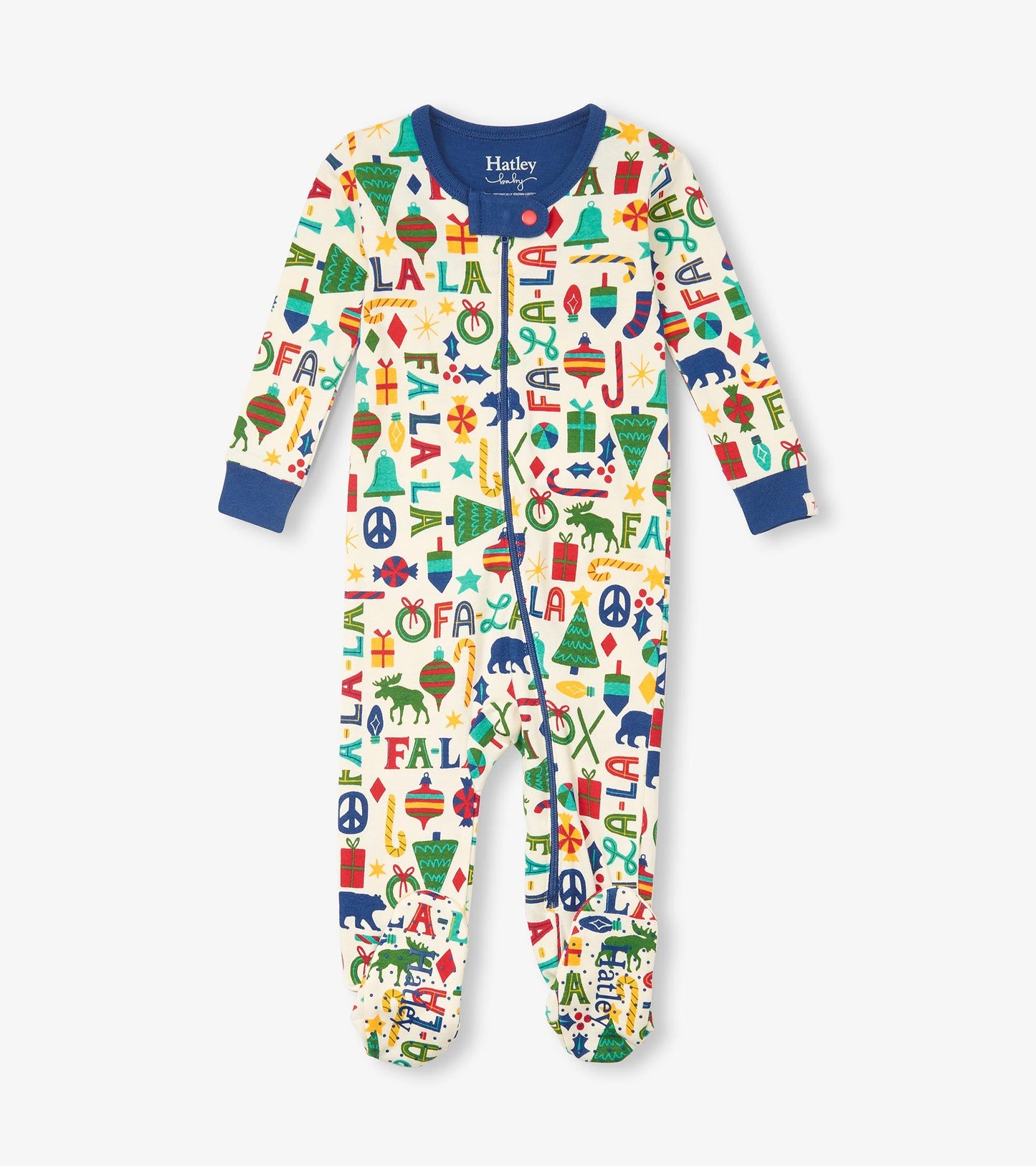 Baby blue footed sleeper featuring a festive print with holiday motifs, made from soft cotton for infants.