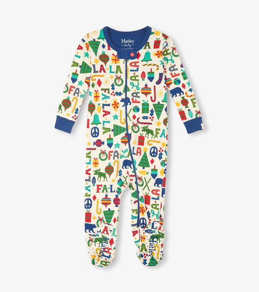 Baby blue footed sleeper featuring a festive print with holiday motifs, made from soft cotton for infants.